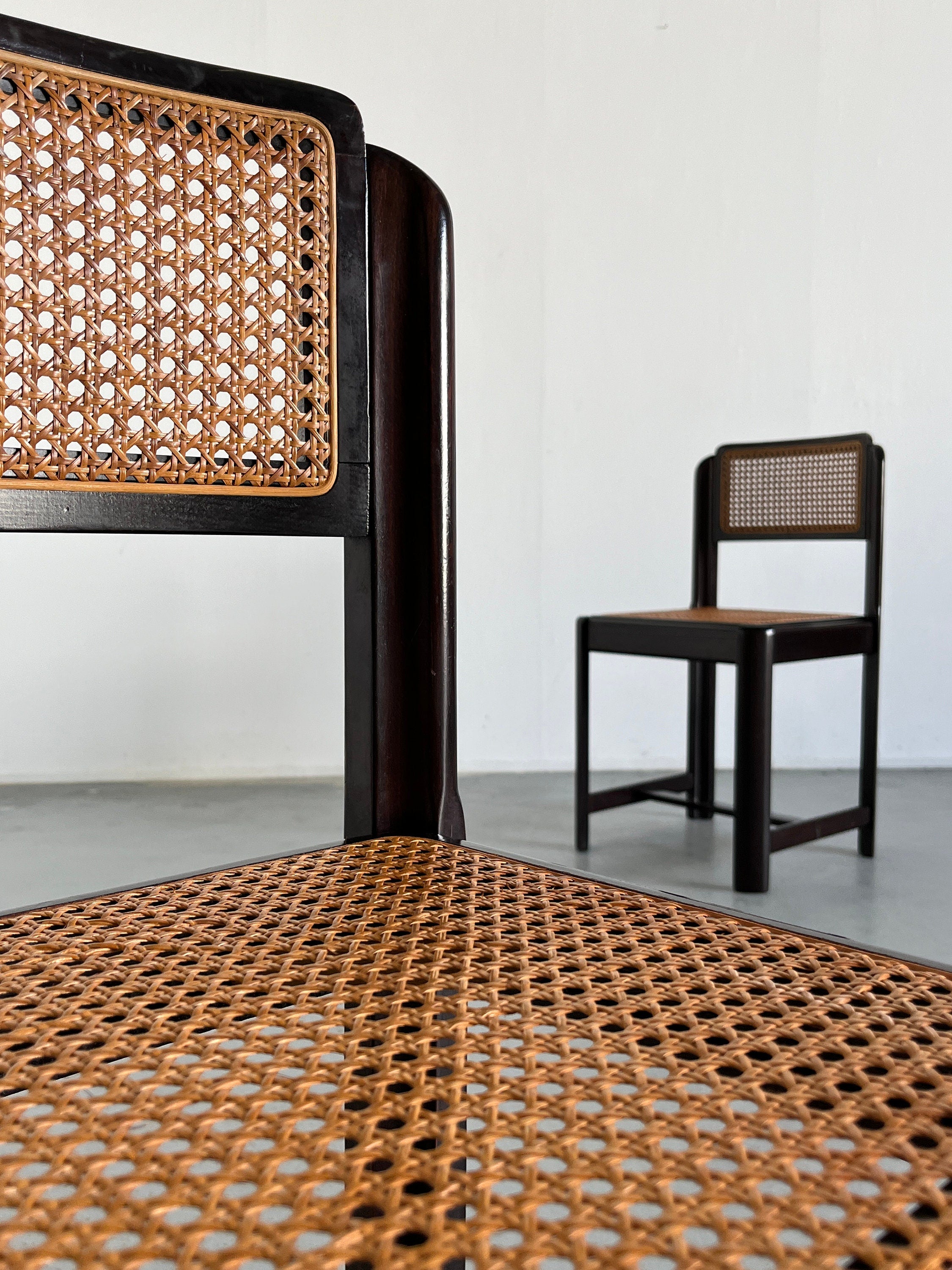 Pair of Mid-Century Modern Stained Beechwood and Wicker Cane Dining Chairs, 1960s Italy