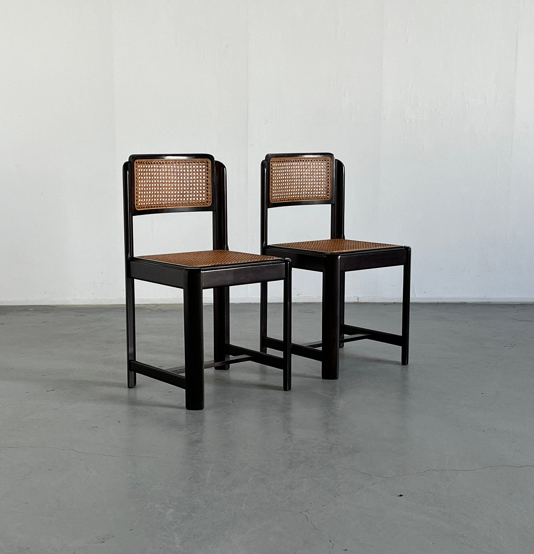 Pair of Mid-Century Modern Stained Beechwood and Wicker Cane Dining Chairs, 1960s Italy