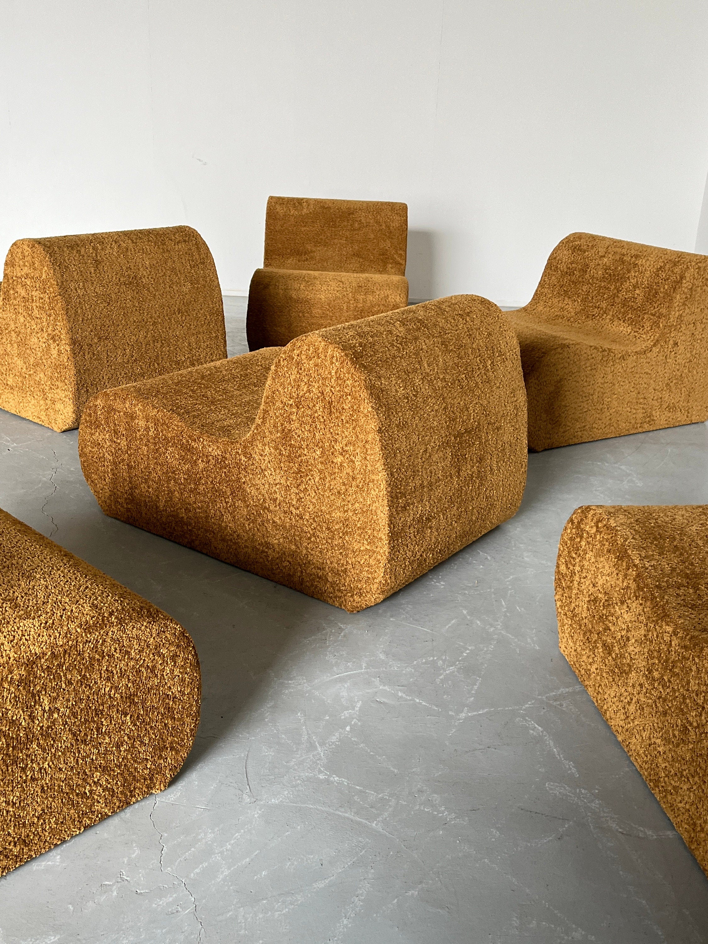 Italian Mid-Century-Modern Modular Sofa or Seating Set in Ochre Boucle, 1970s Italy