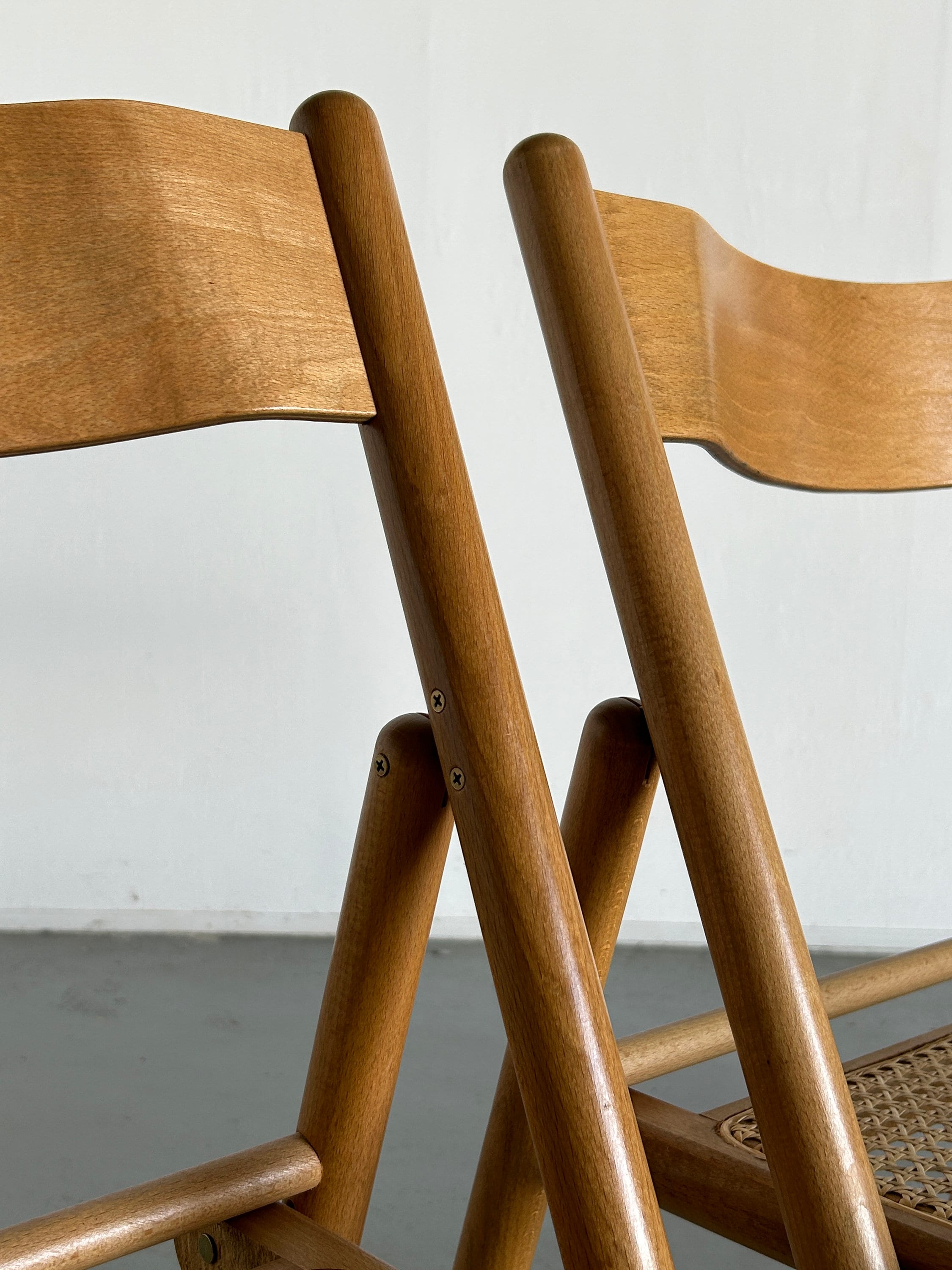 Set of 4 Vintage Wicker Cane and Beechwood Folding Chairs, 1970s