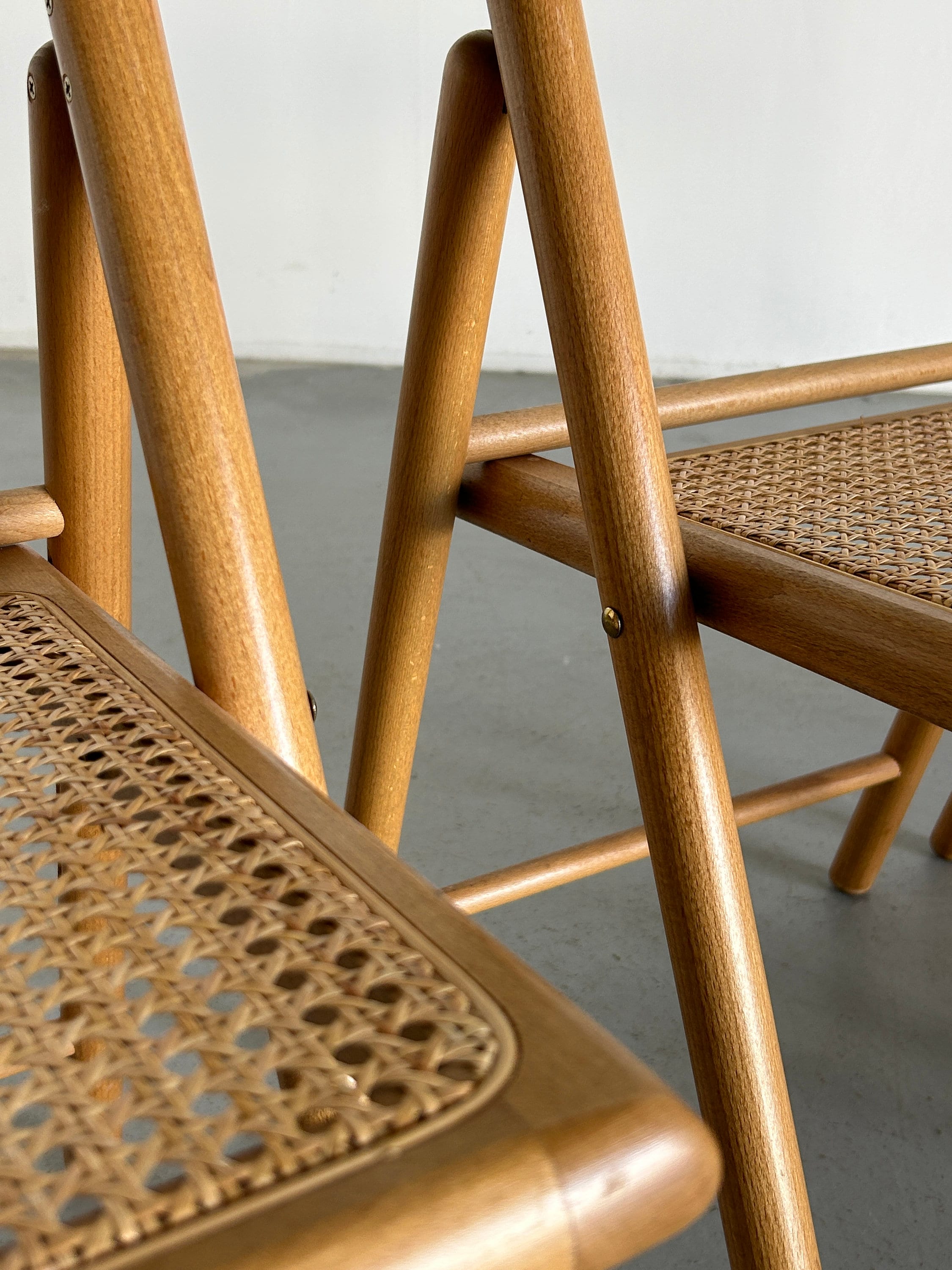 Set of 4 Vintage Wicker Cane and Beechwood Folding Chairs, 1970s