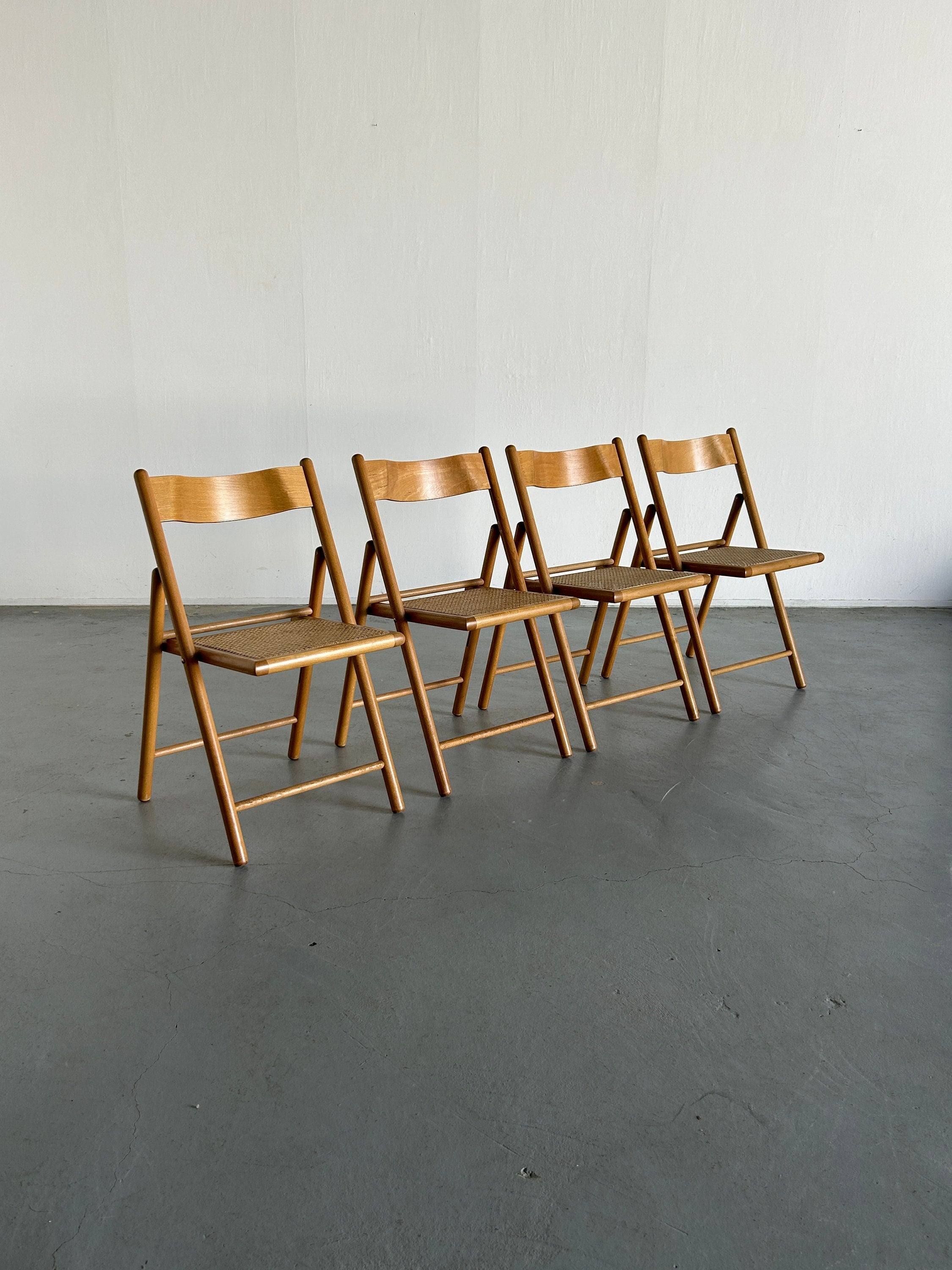 Set of 4 Vintage Wicker Cane and Beechwood Folding Chairs, 1970s