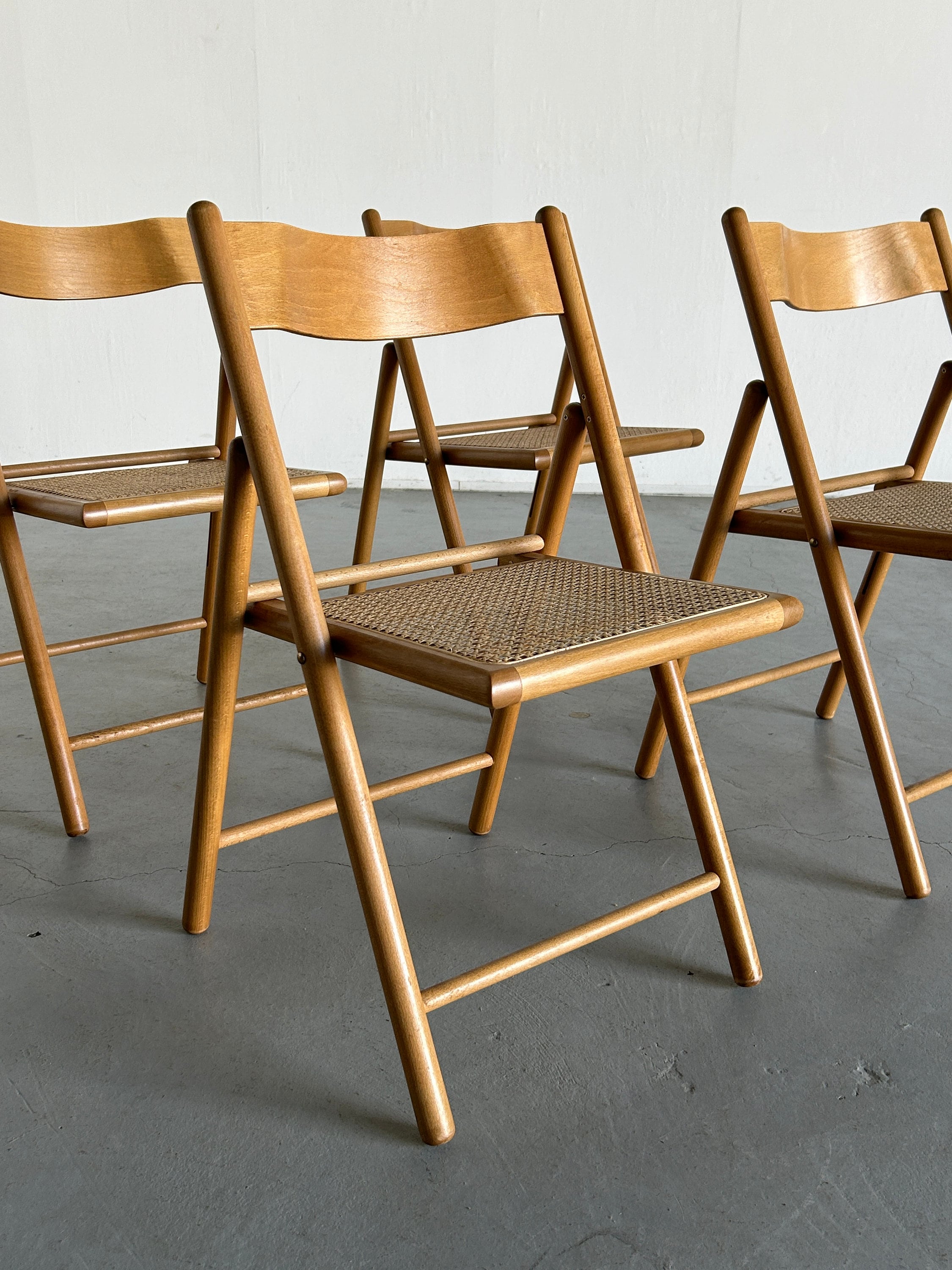 Set of 4 Vintage Wicker Cane and Beechwood Folding Chairs, 1970s
