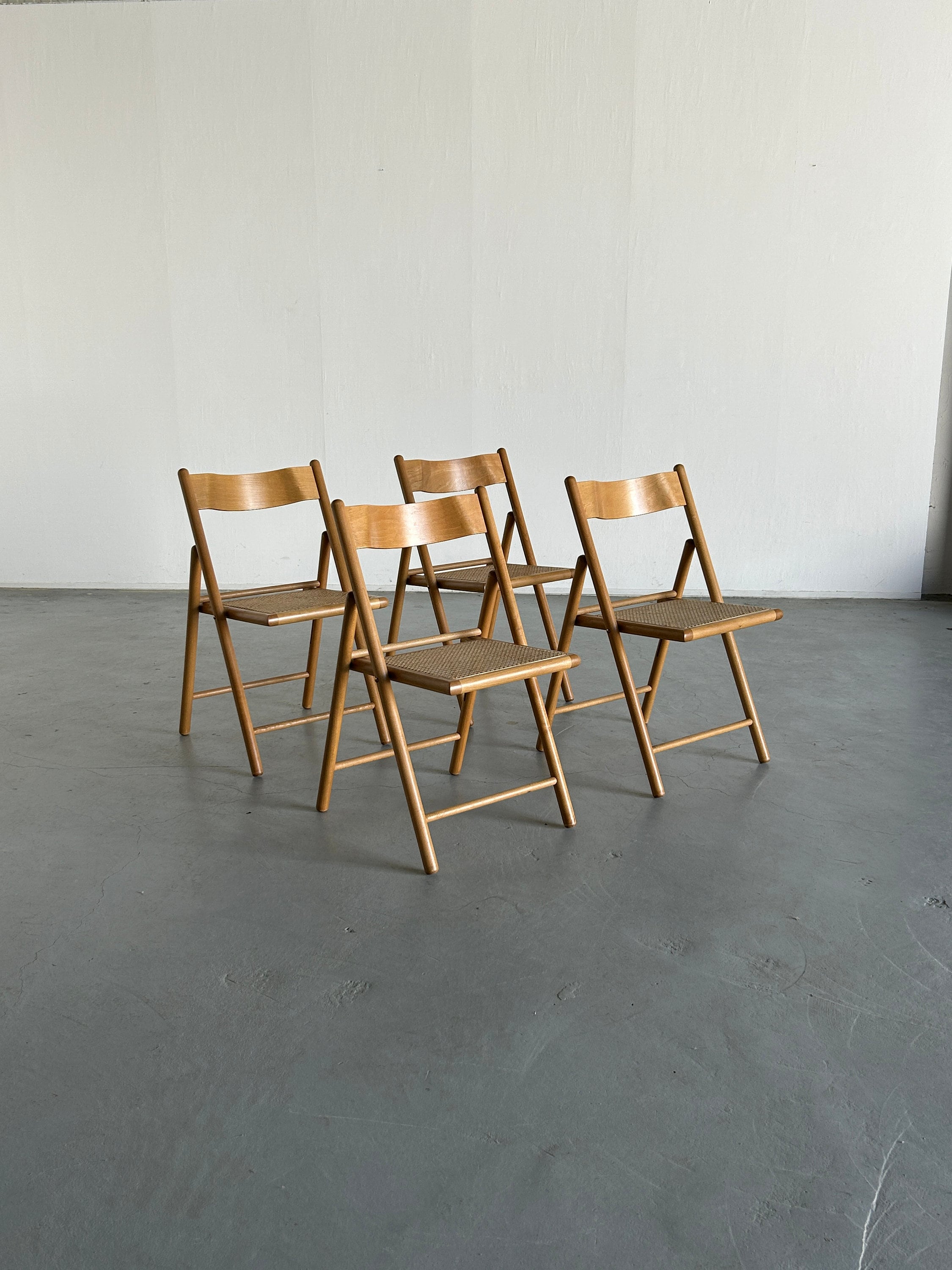 Set of 4 Vintage Wicker Cane and Beechwood Folding Chairs, 1970s