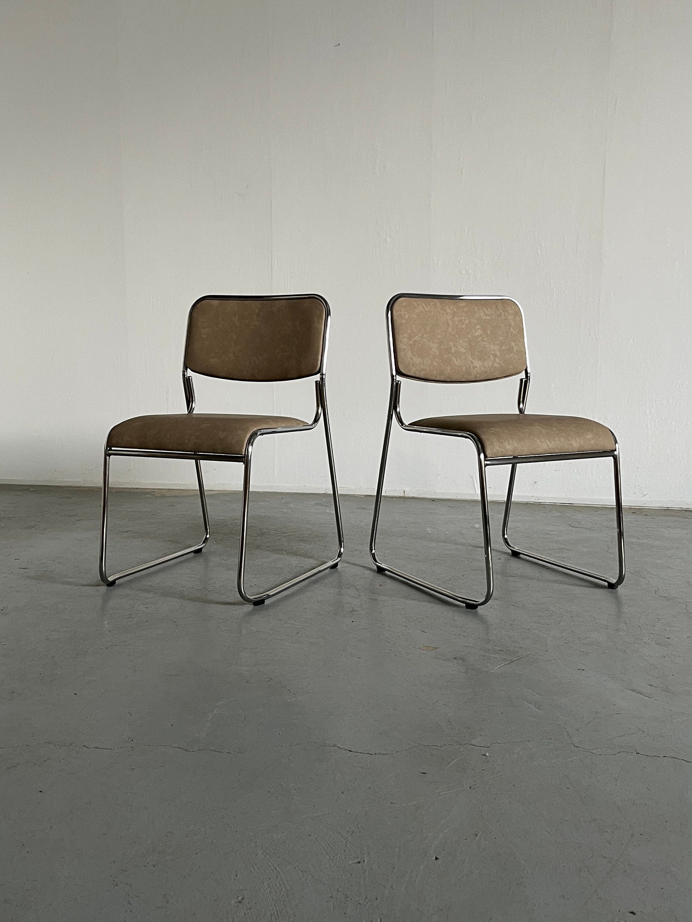 Bauhaus Chromed Steel and Beige Faux Leather Dining Chairs, 1990s
