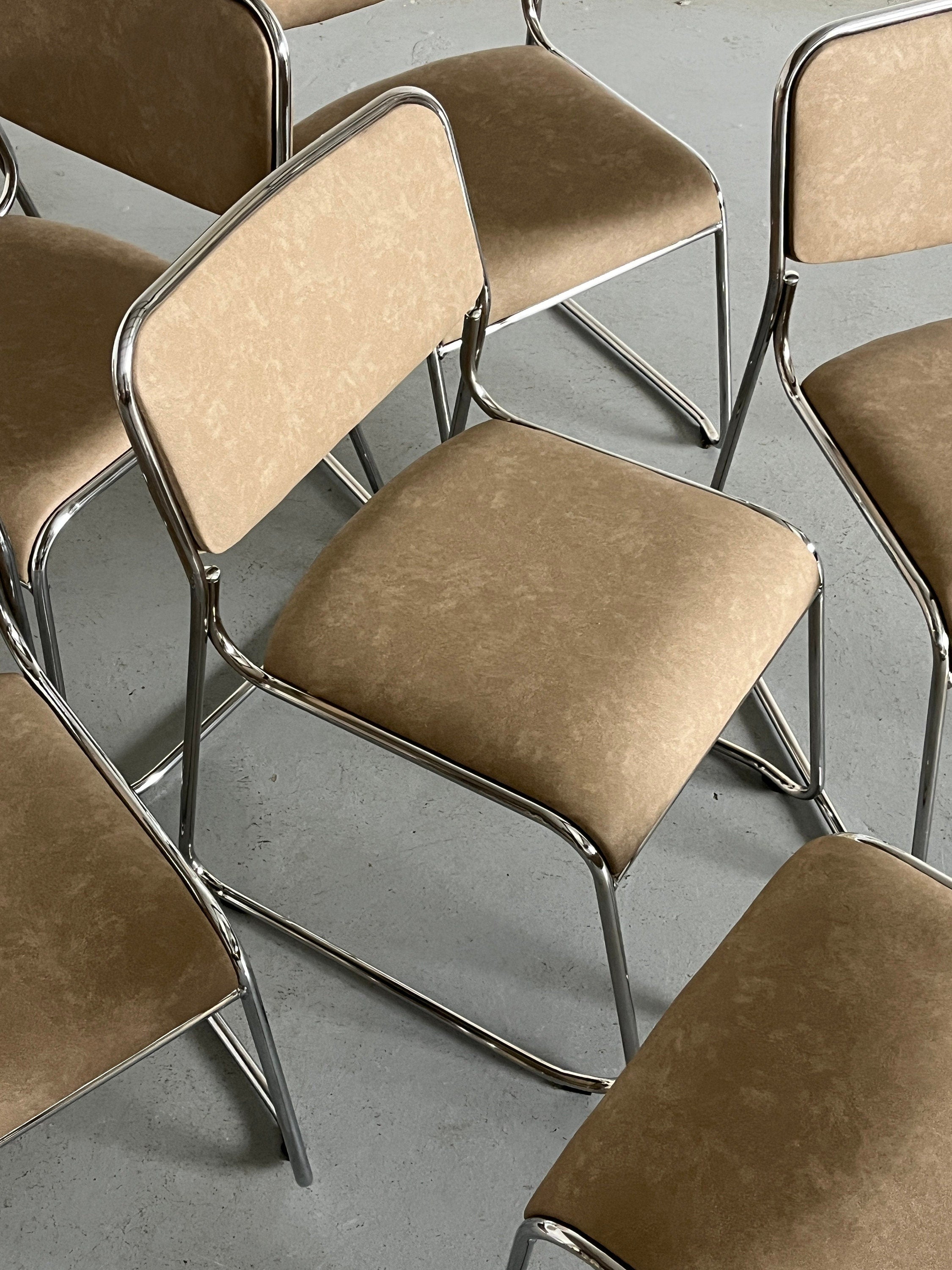 Bauhaus Chromed Steel and Beige Faux Leather Dining Chairs, 1990s