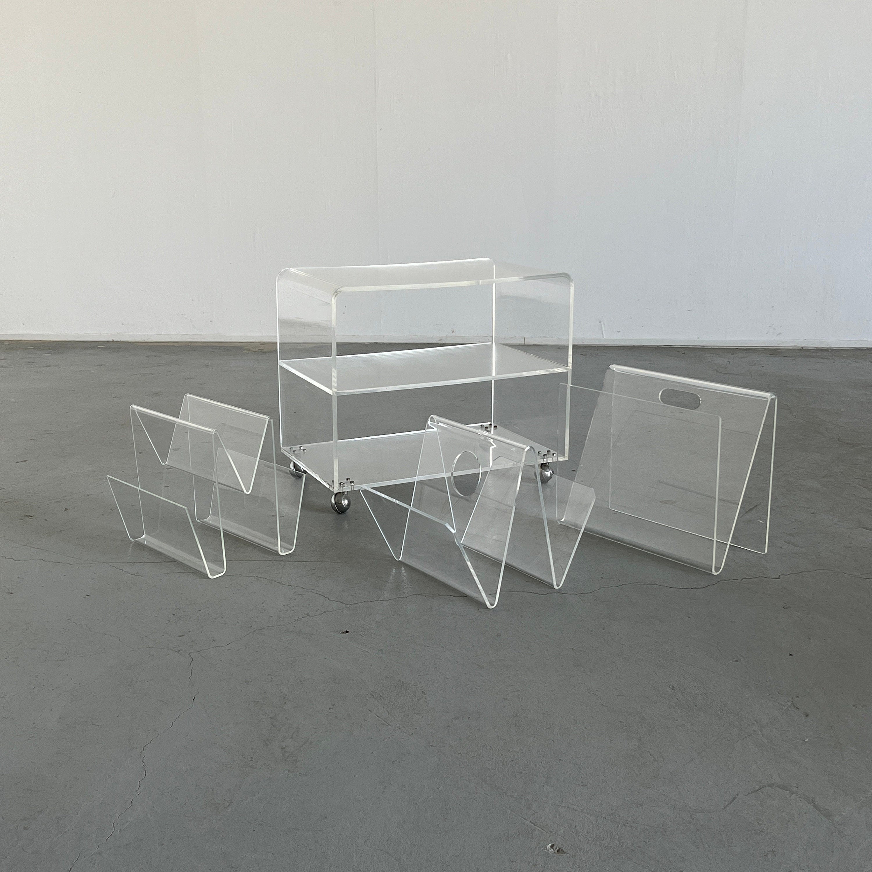 Plexiglass Lucite Etagere Rolling Shelf, Italy 1980s
