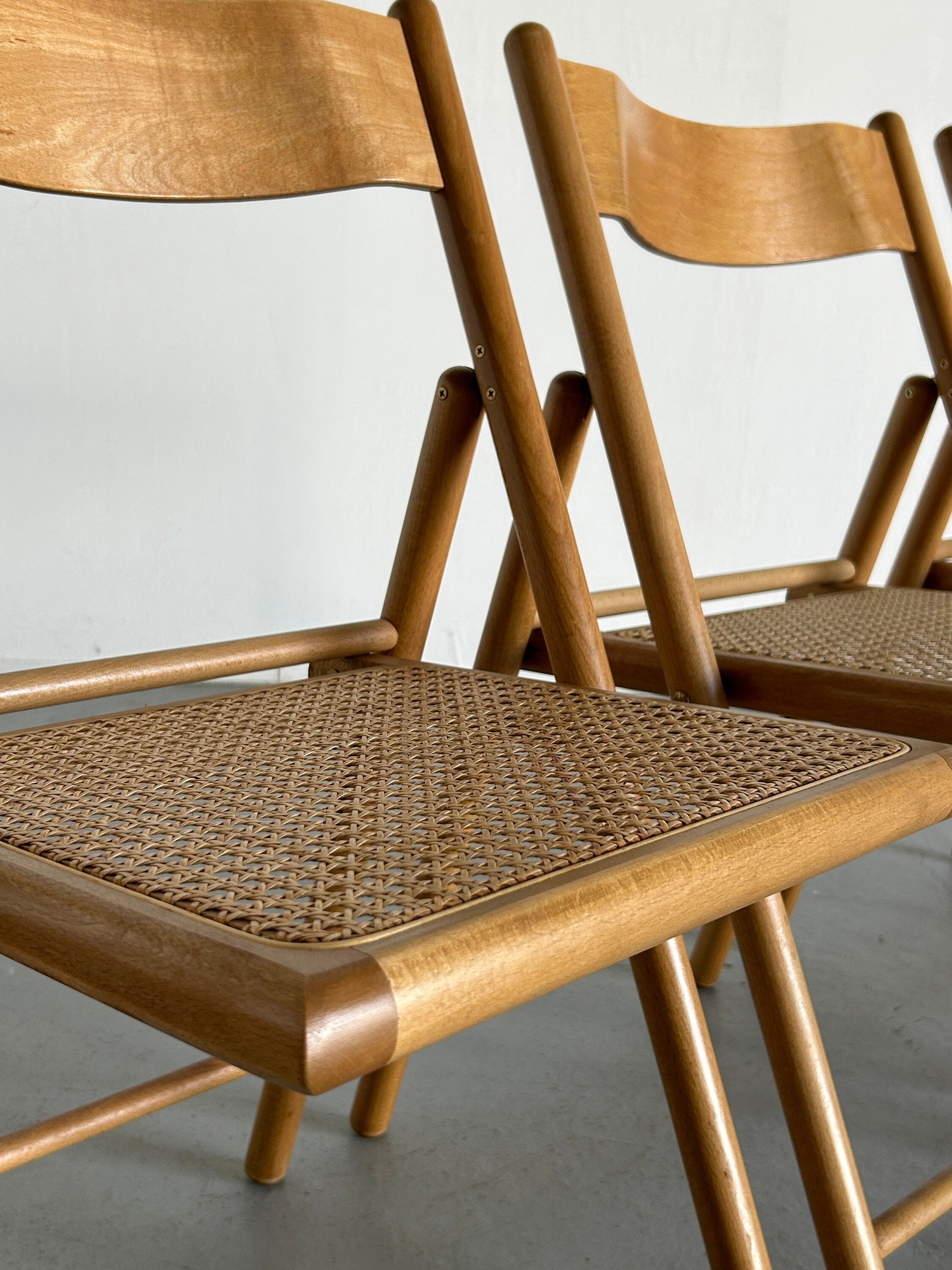 Set of 4 Vintage Wicker Cane and Beechwood Folding Chairs, 1970s