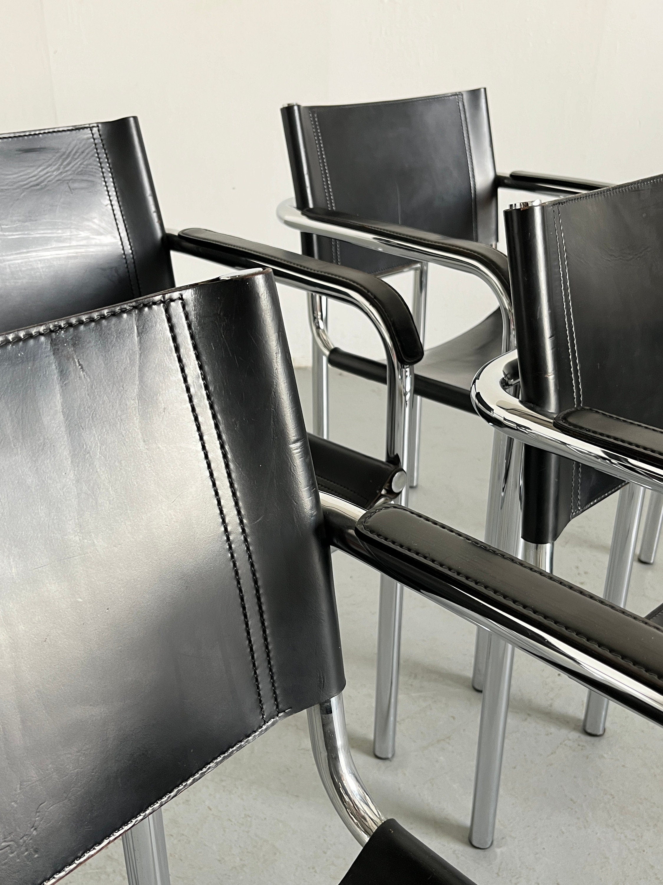 Modernist Armchairs in Tubular Frame and Black Leather, 1970s