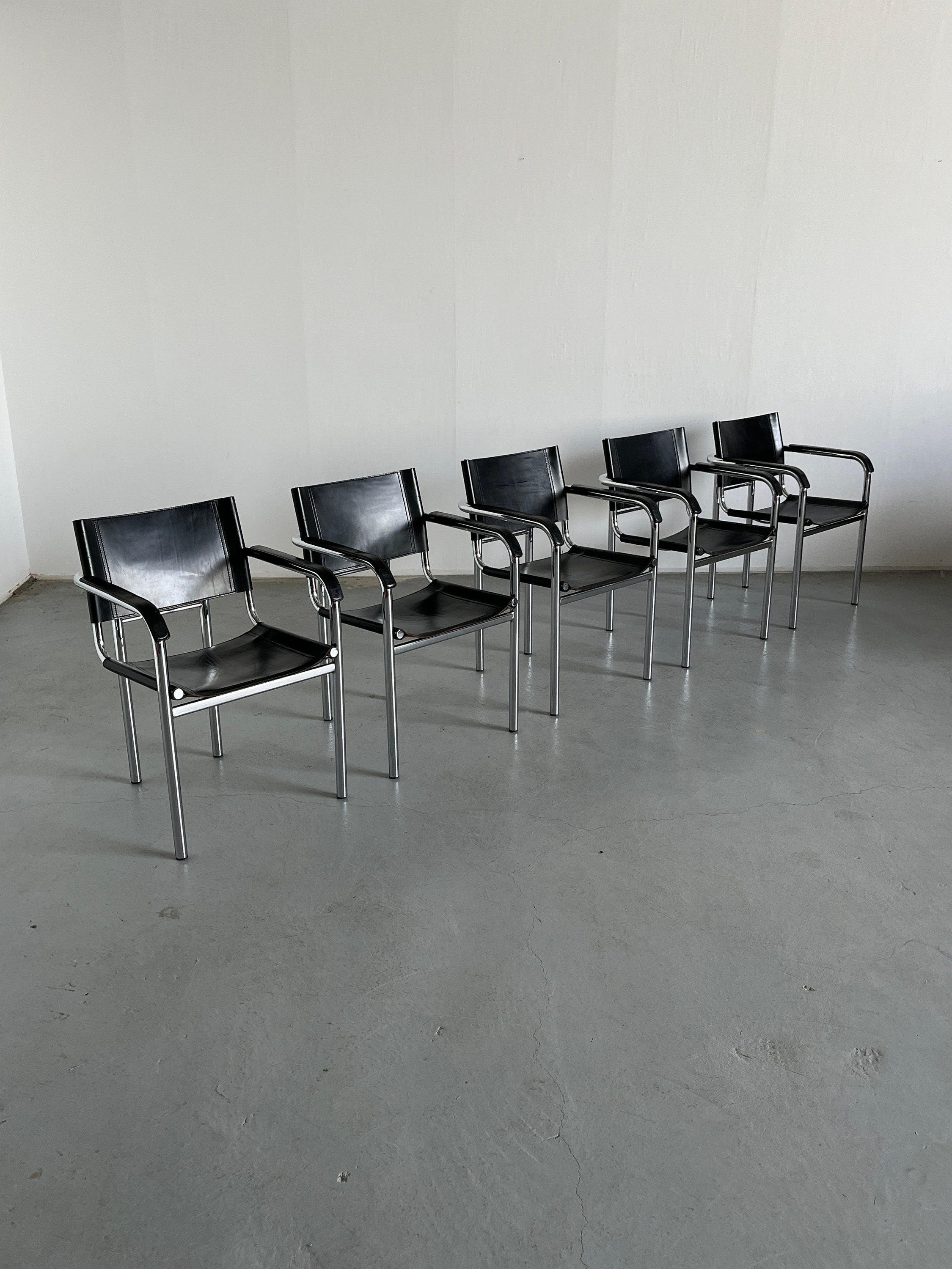 Modernist Armchairs in Tubular Frame and Black Leather, 1970s