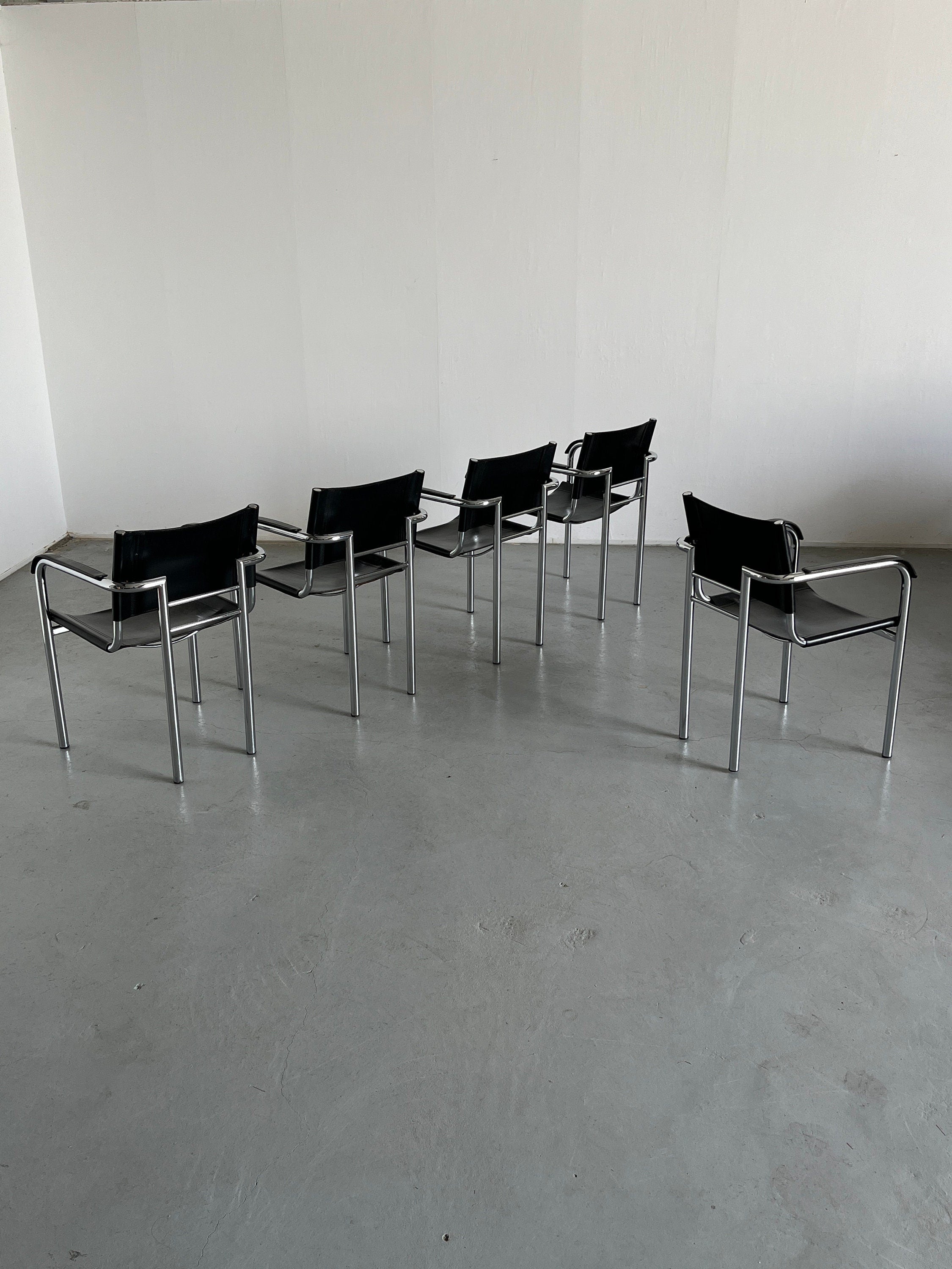Modernist Armchairs in Tubular Frame and Black Leather, 1970s