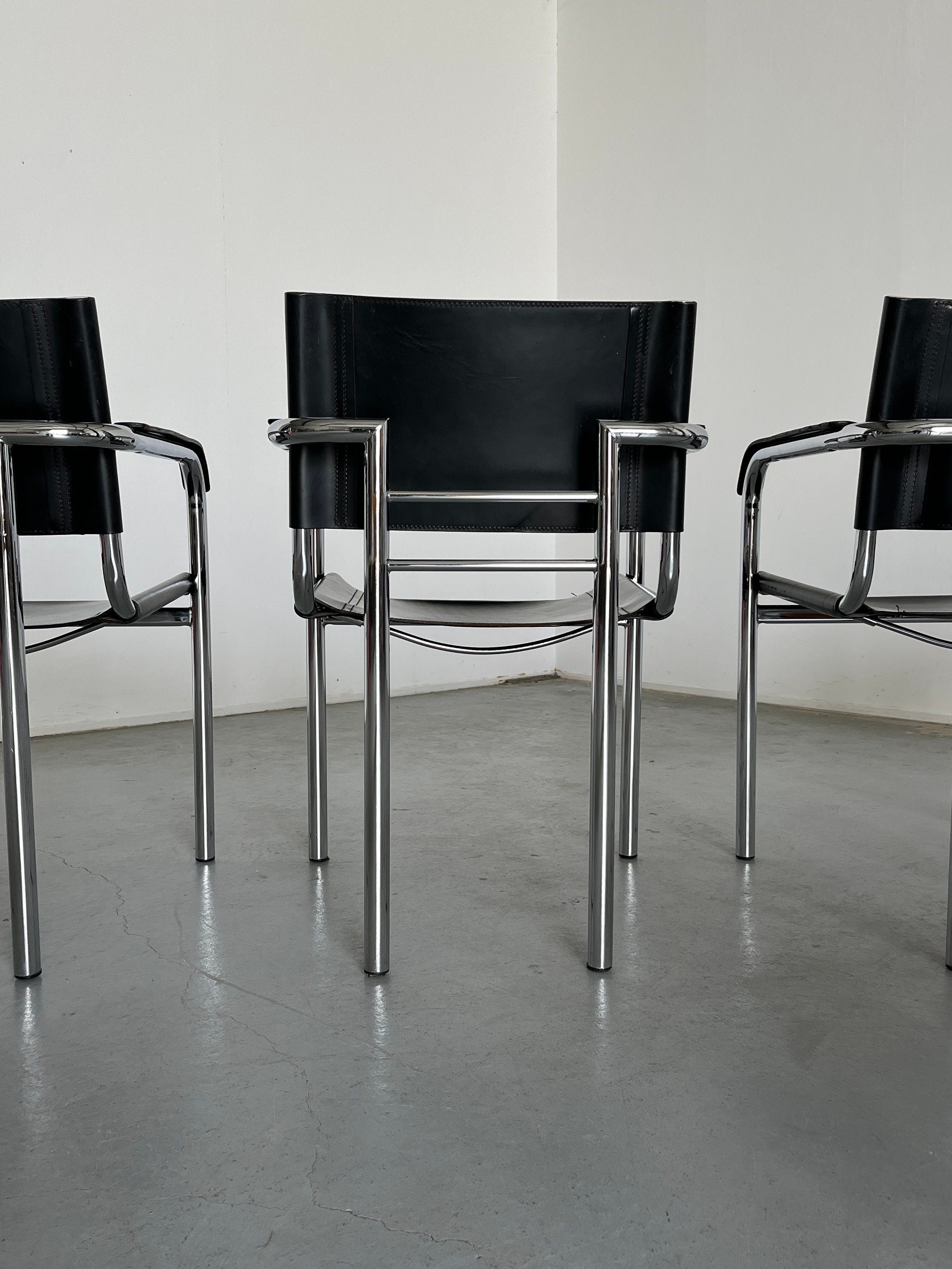 Modernist Armchairs in Tubular Frame and Black Leather, 1970s