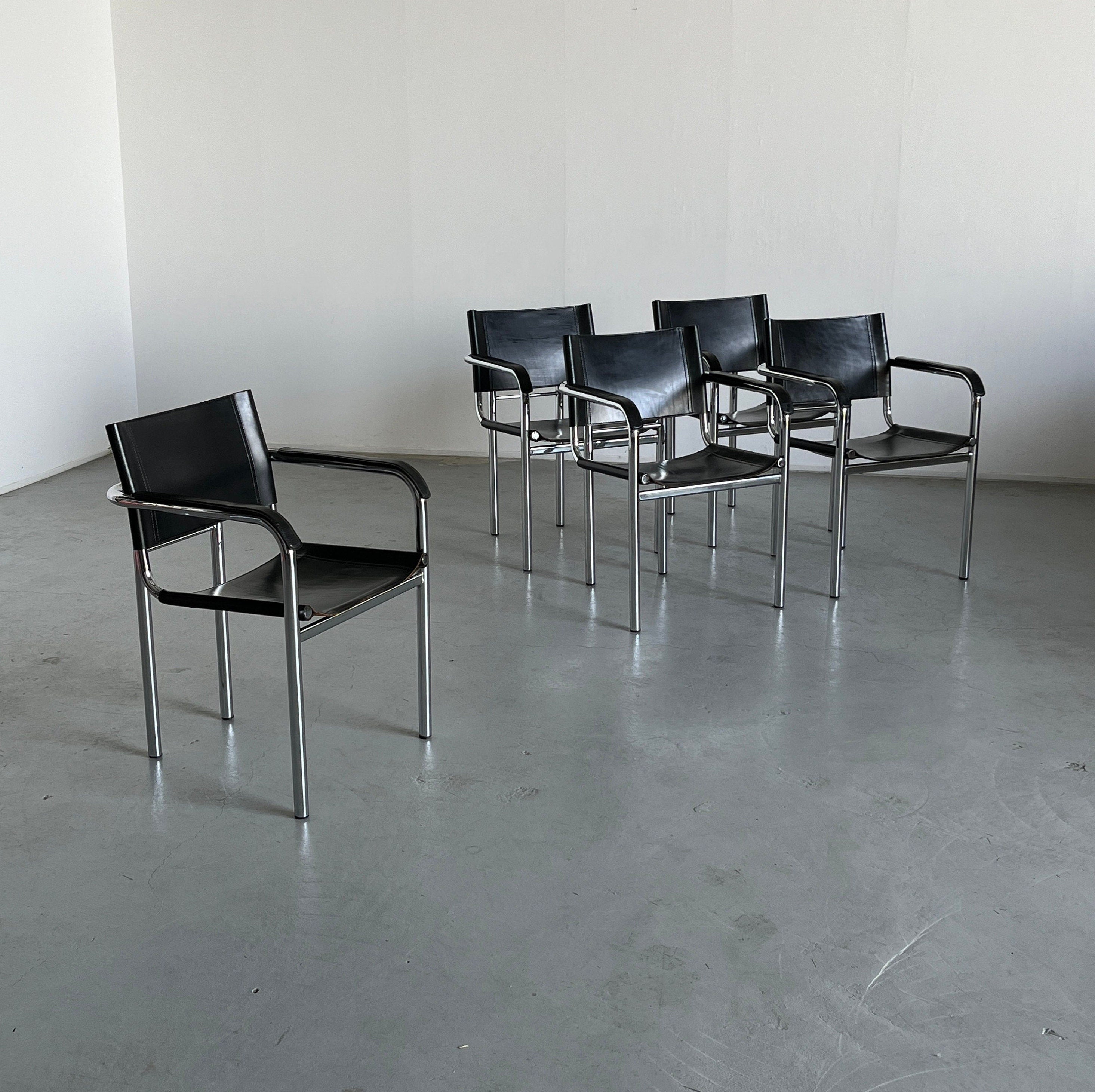 Modernist Armchairs in Tubular Frame and Black Leather, 1970s