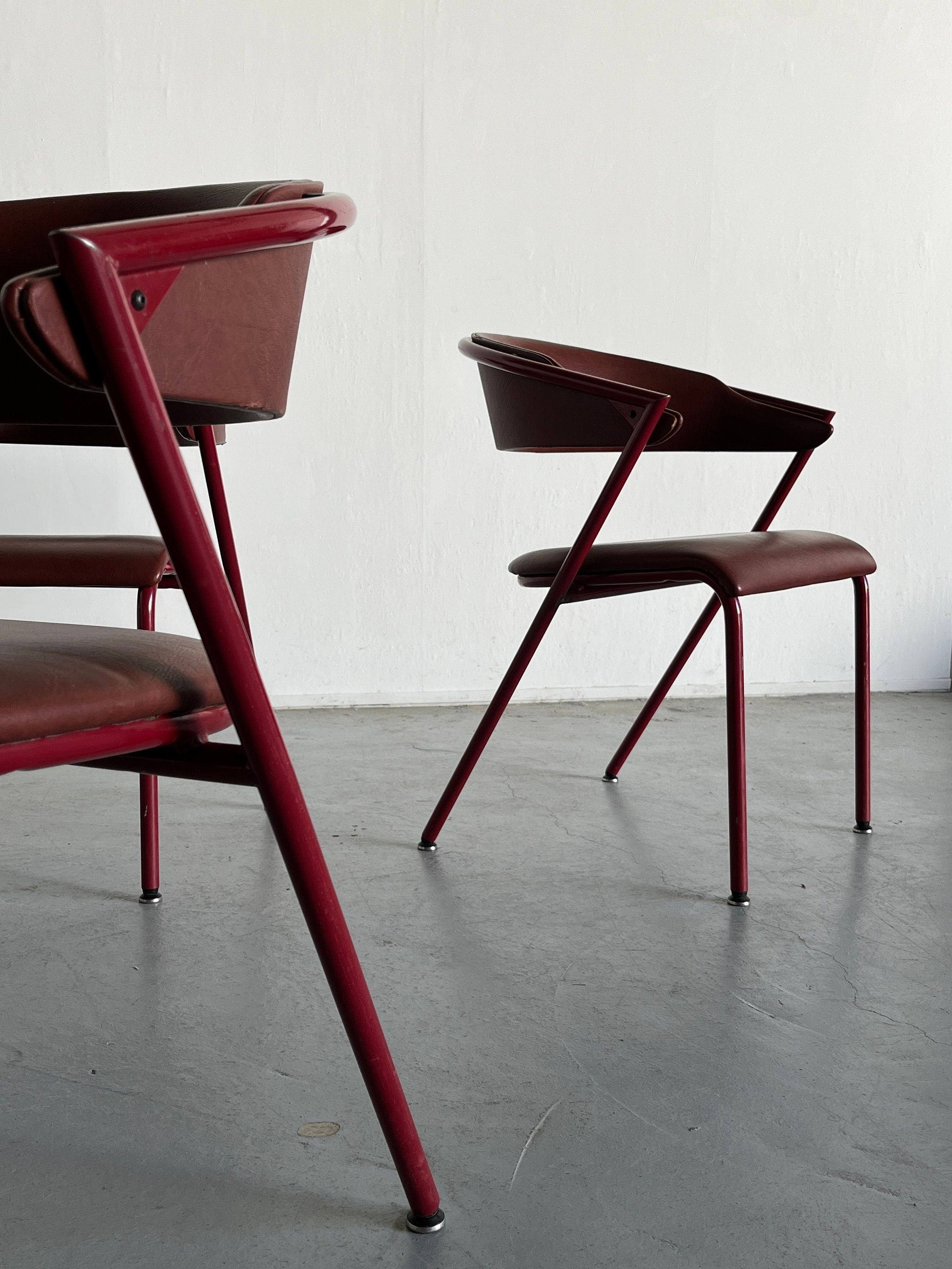 Postmodern Dining Chairs in Cherry Red Faux Leather and Curved Metal
