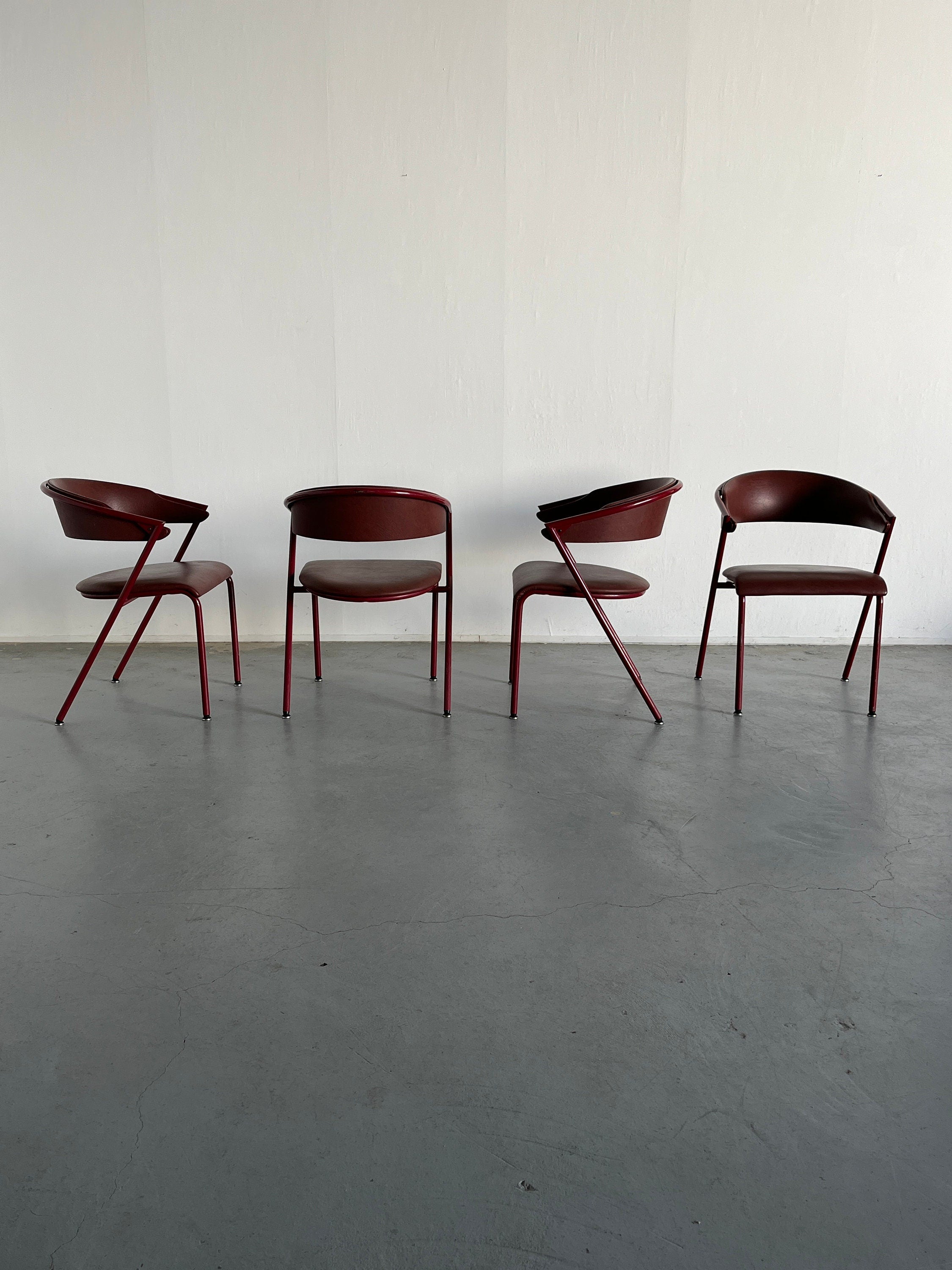Postmodern Dining Chairs in Cherry Red Faux Leather and Curved Metal