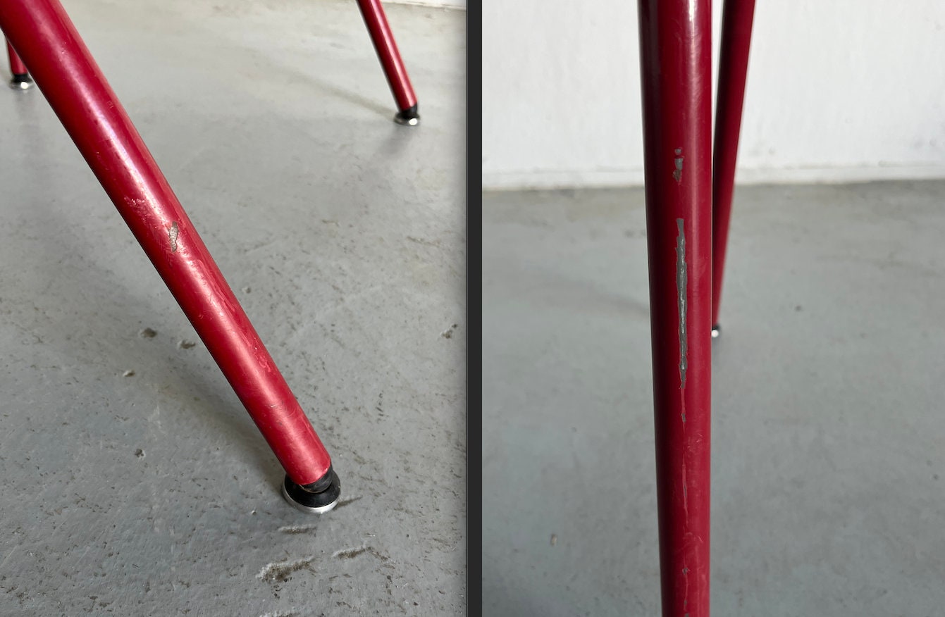 Postmodern Dining Chairs in Cherry Red Faux Leather and Curved Metal