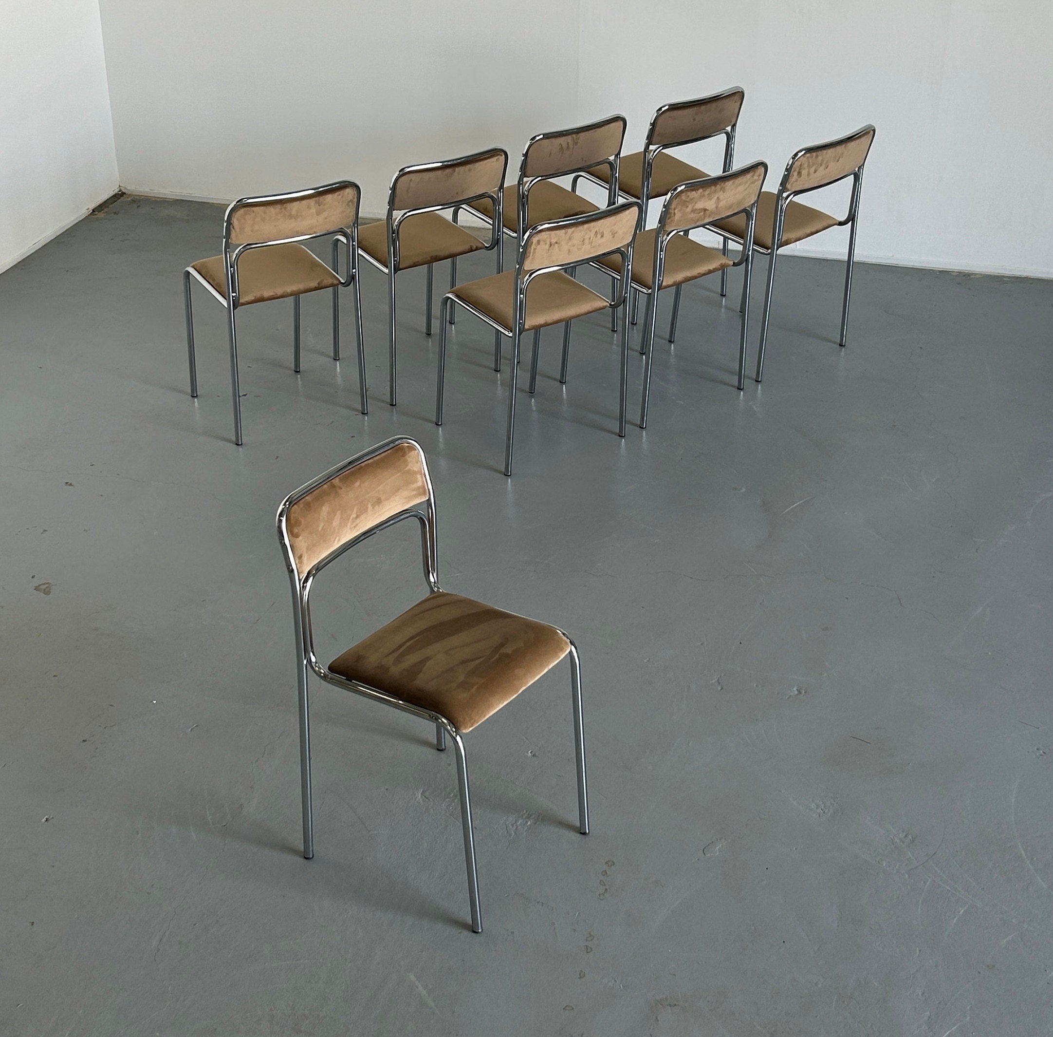 1 of 8 Bauhaus Chrome Tubular Steel and Beige Velvet | 80s Vintage Italian Modernist Stackable Dining Chairs