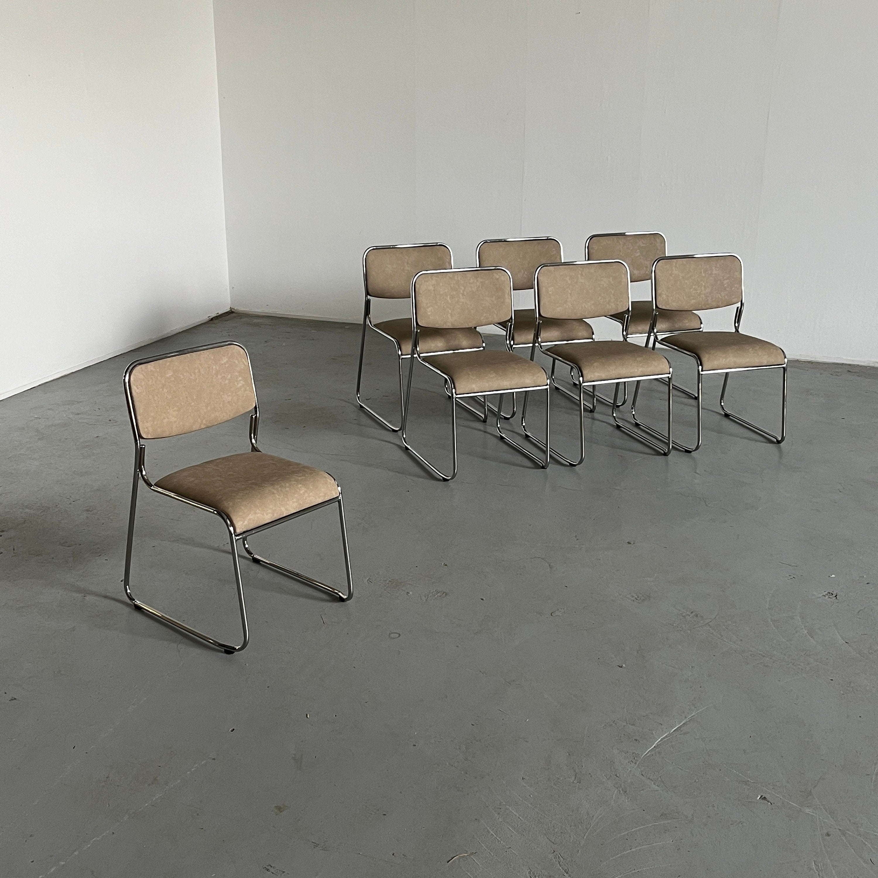 Bauhaus Chromed Steel and Beige Faux Leather Dining Chairs, 1990s
