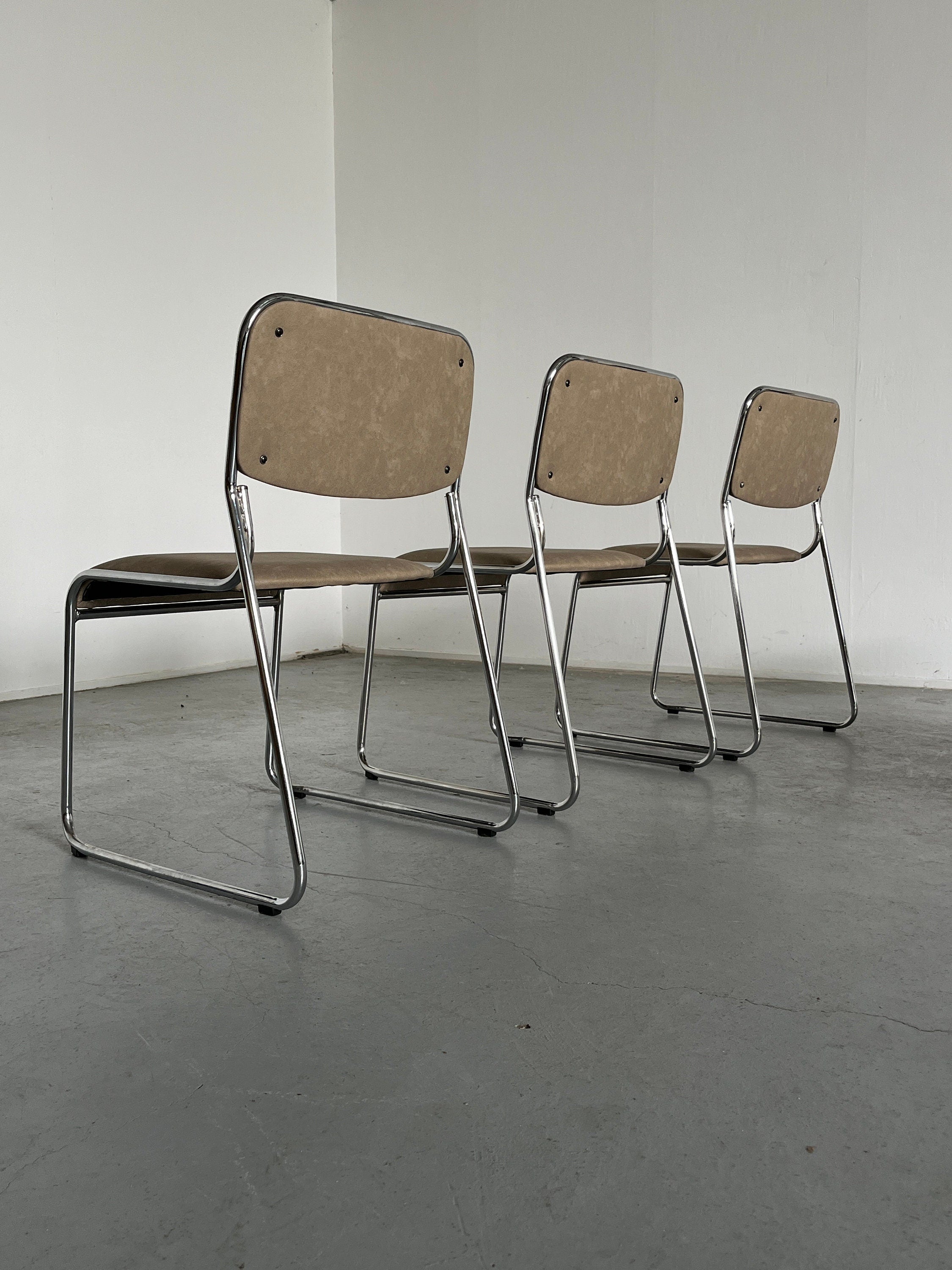 Bauhaus Chromed Steel and Beige Faux Leather Dining Chairs, 1990s