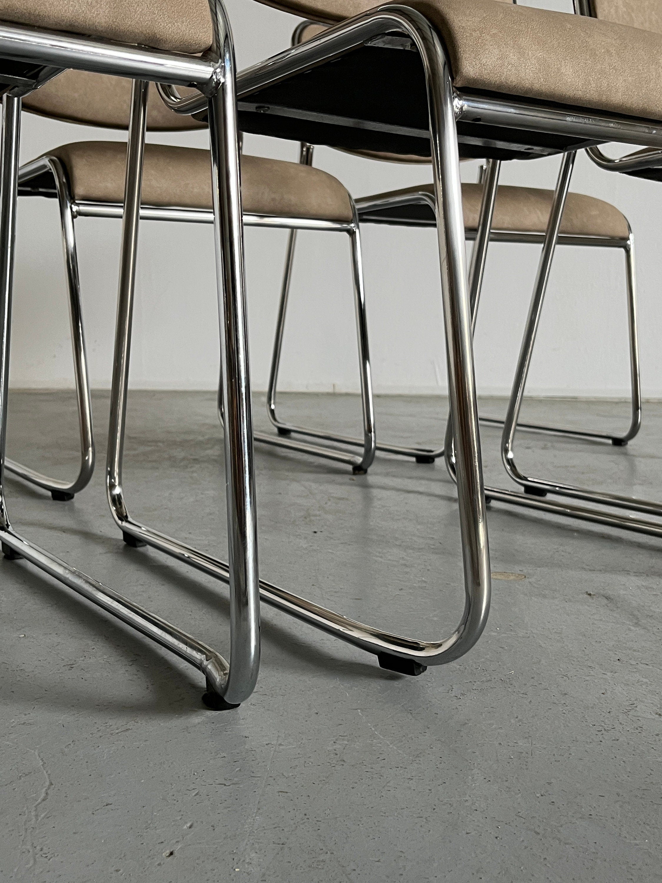 Bauhaus Chromed Steel and Beige Faux Leather Dining Chairs, 1990s