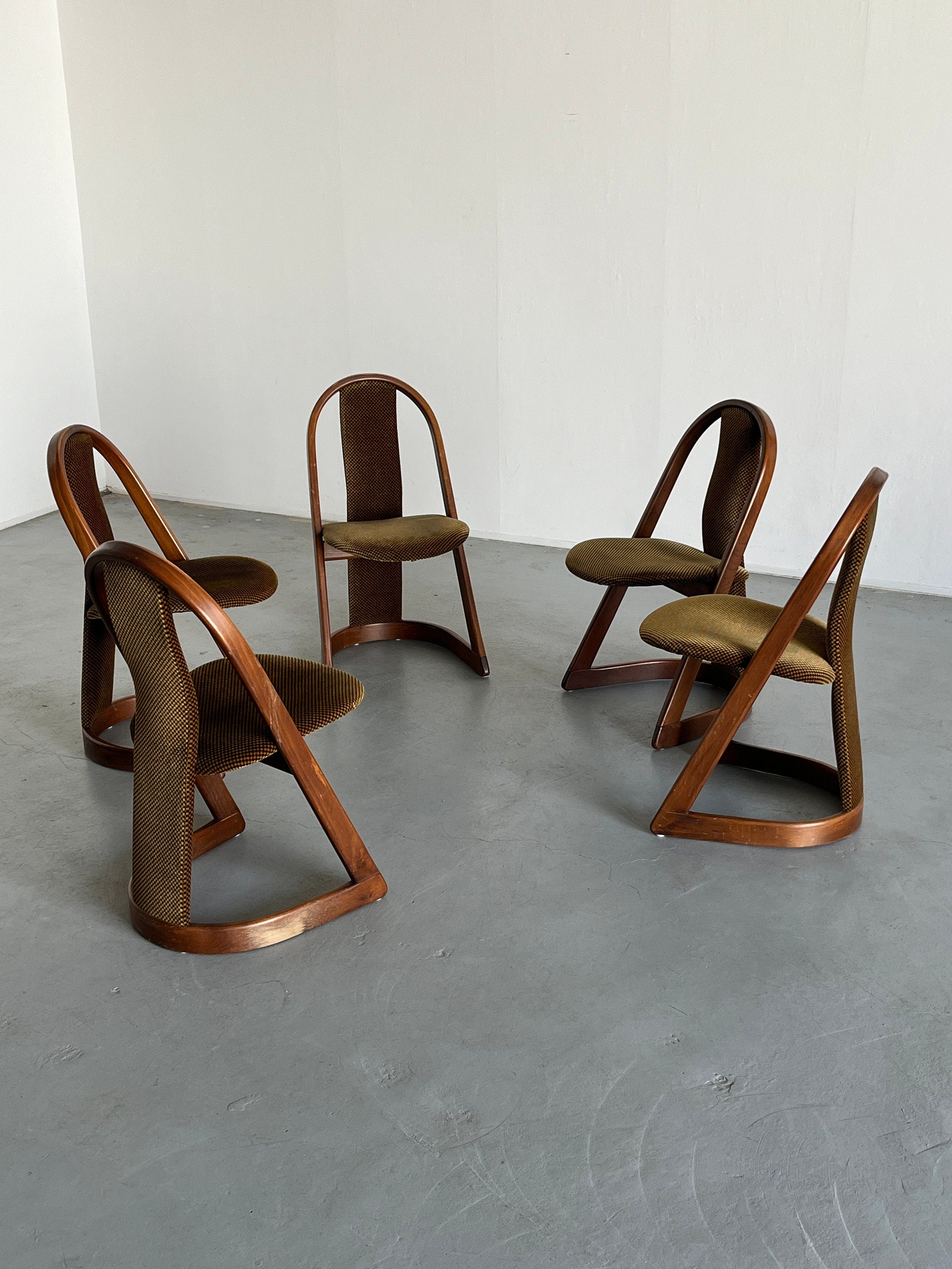 Dining Chairs with Checkered Upholstery and Curved Wooden Frame, Germany 1970s