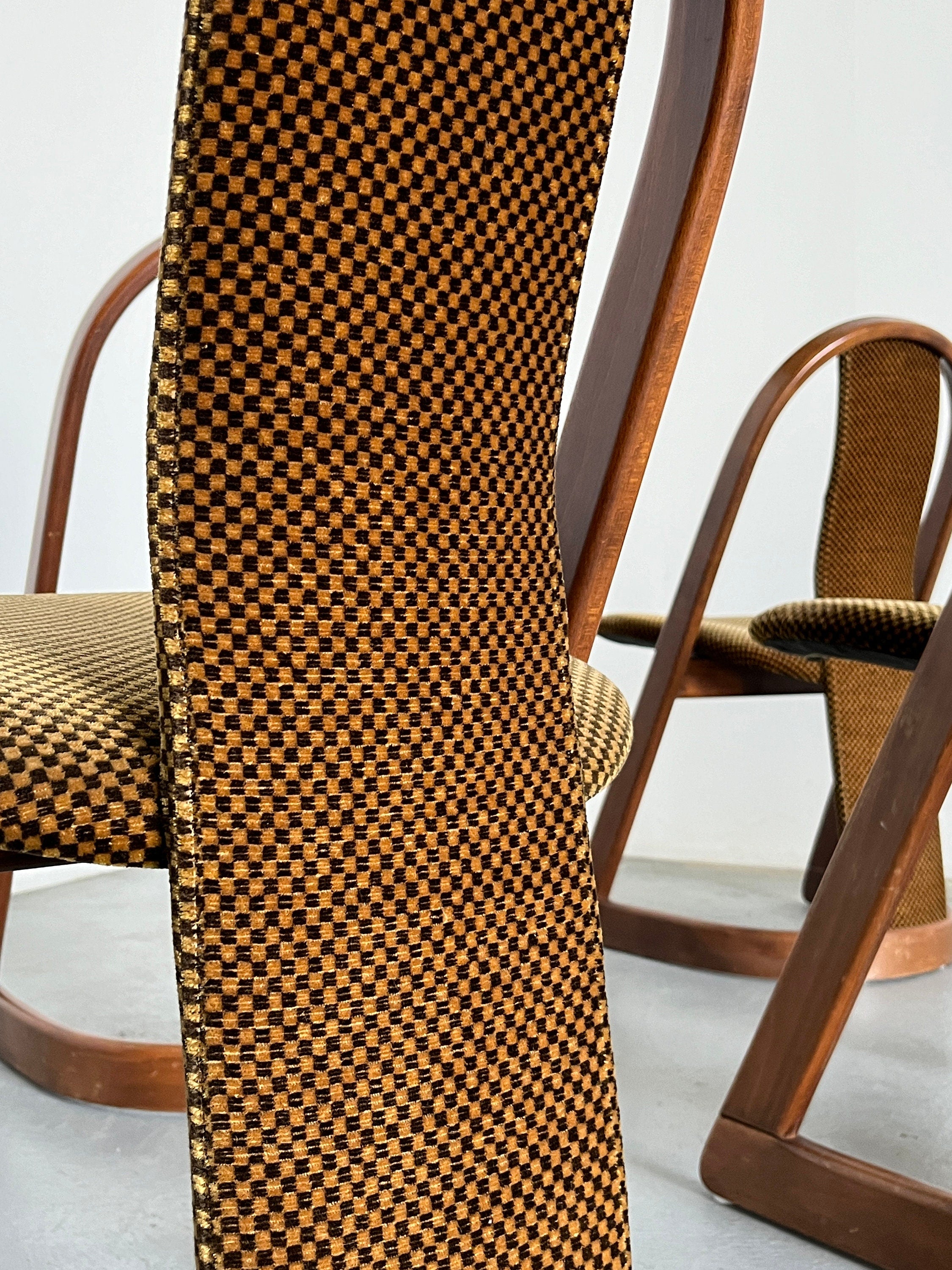 Dining Chairs with Checkered Upholstery and Curved Wooden Frame, Germany 1970s