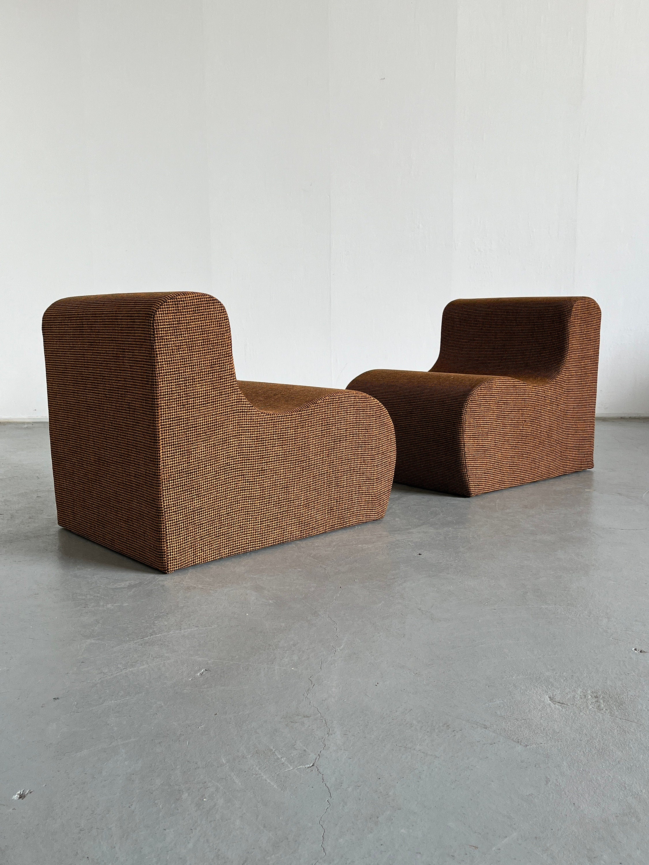 Pair of Vintage Italian Lounge Chairs in Checkered Fabric, 1970s