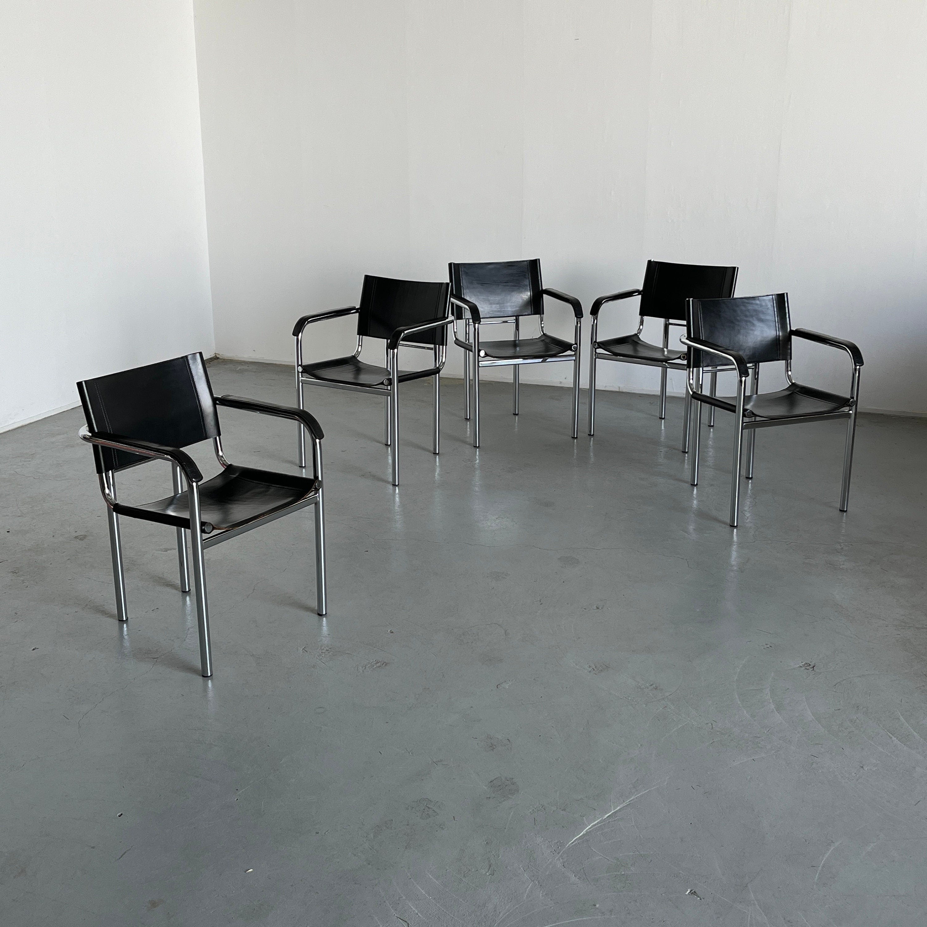 Modernist Armchairs in Tubular Frame and Black Leather, 1970s