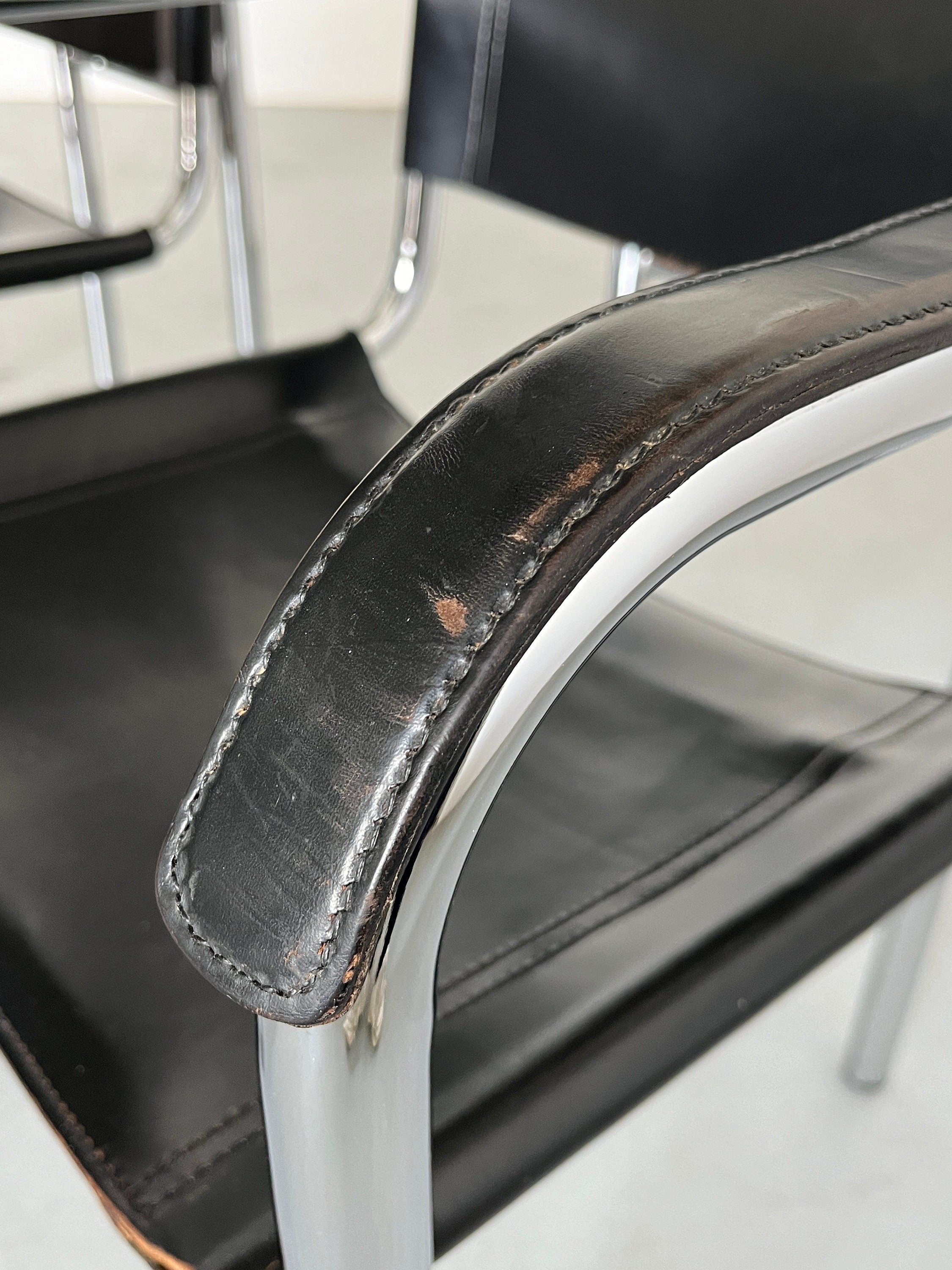 Modernist Armchairs in Tubular Frame and Black Leather, 1970s