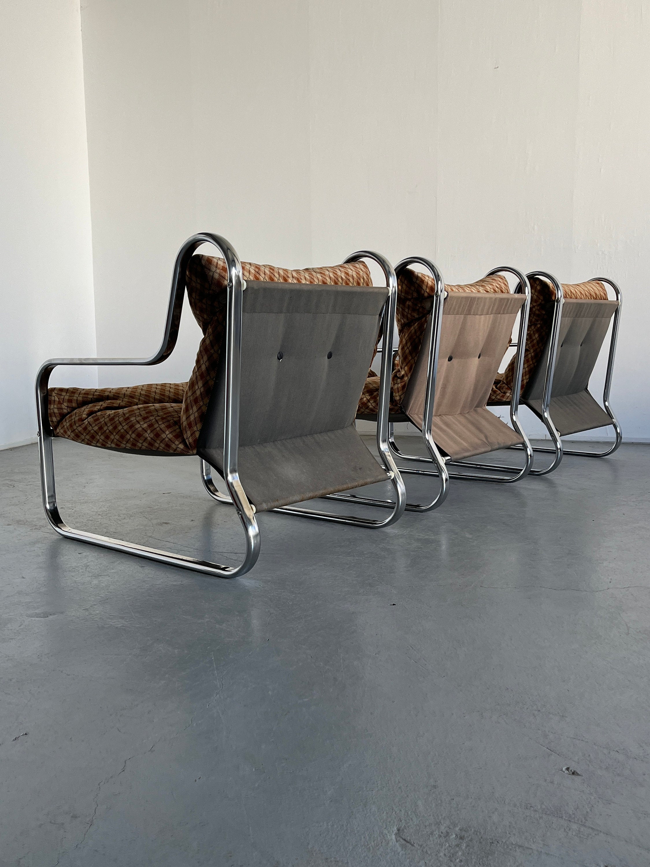 Mid-Century Lounge Chairs in Argyle Wool and Chromed Steel, 1970s