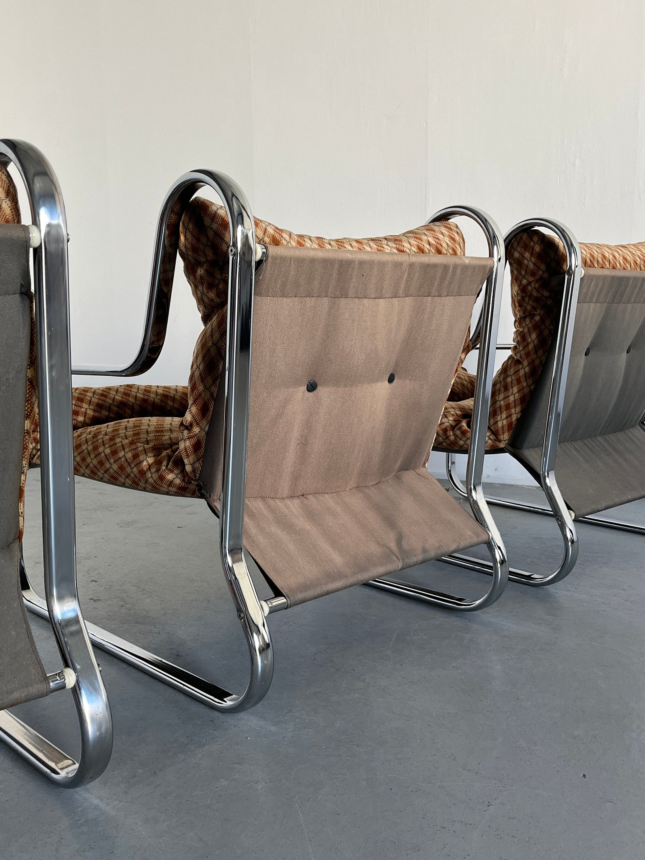 Mid-Century Lounge Chairs in Argyle Wool and Chromed Steel, 1970s