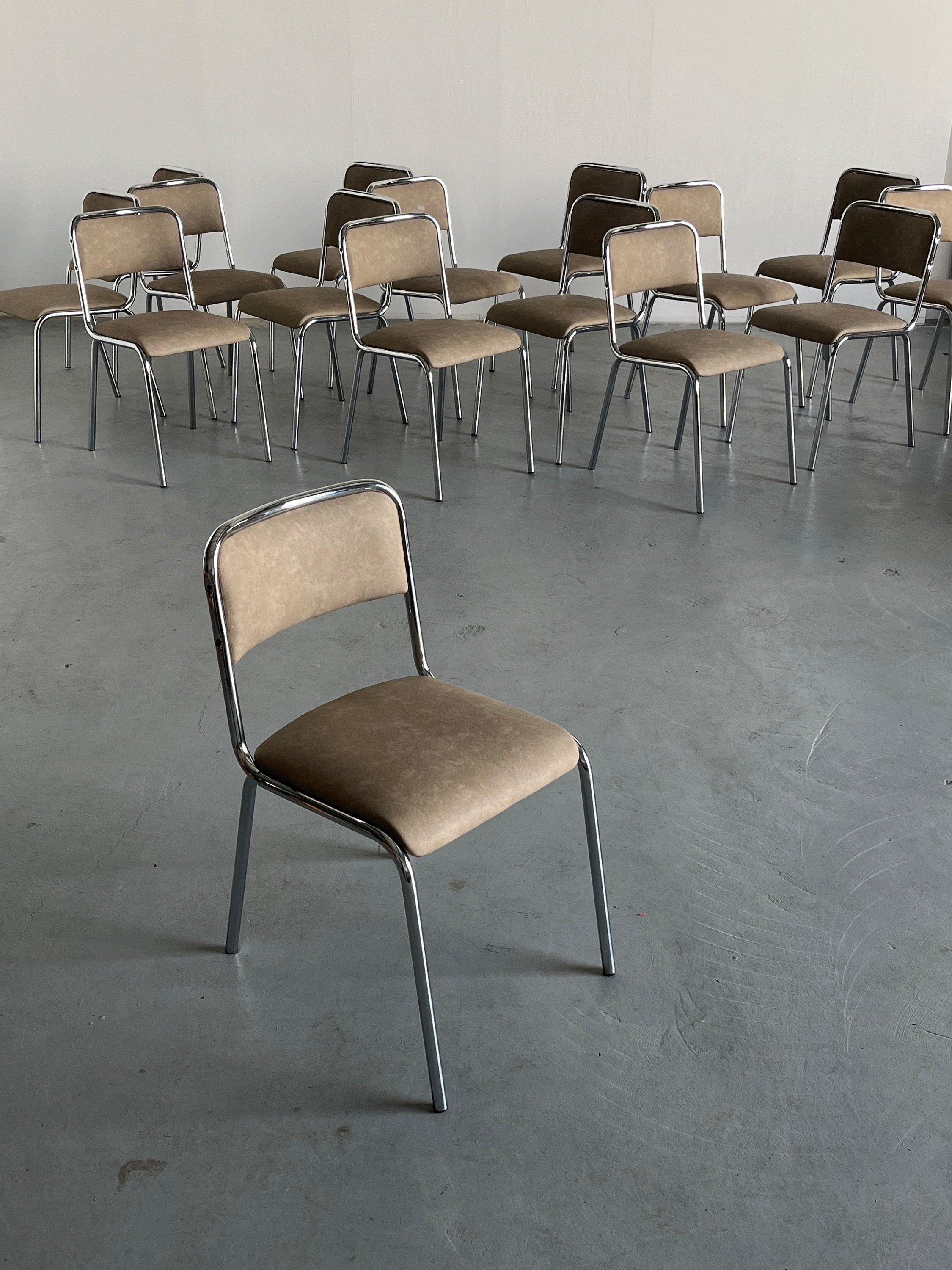 Italian Modernist Dining Chairs in Beige Faux Leather and Chrome, 1980s