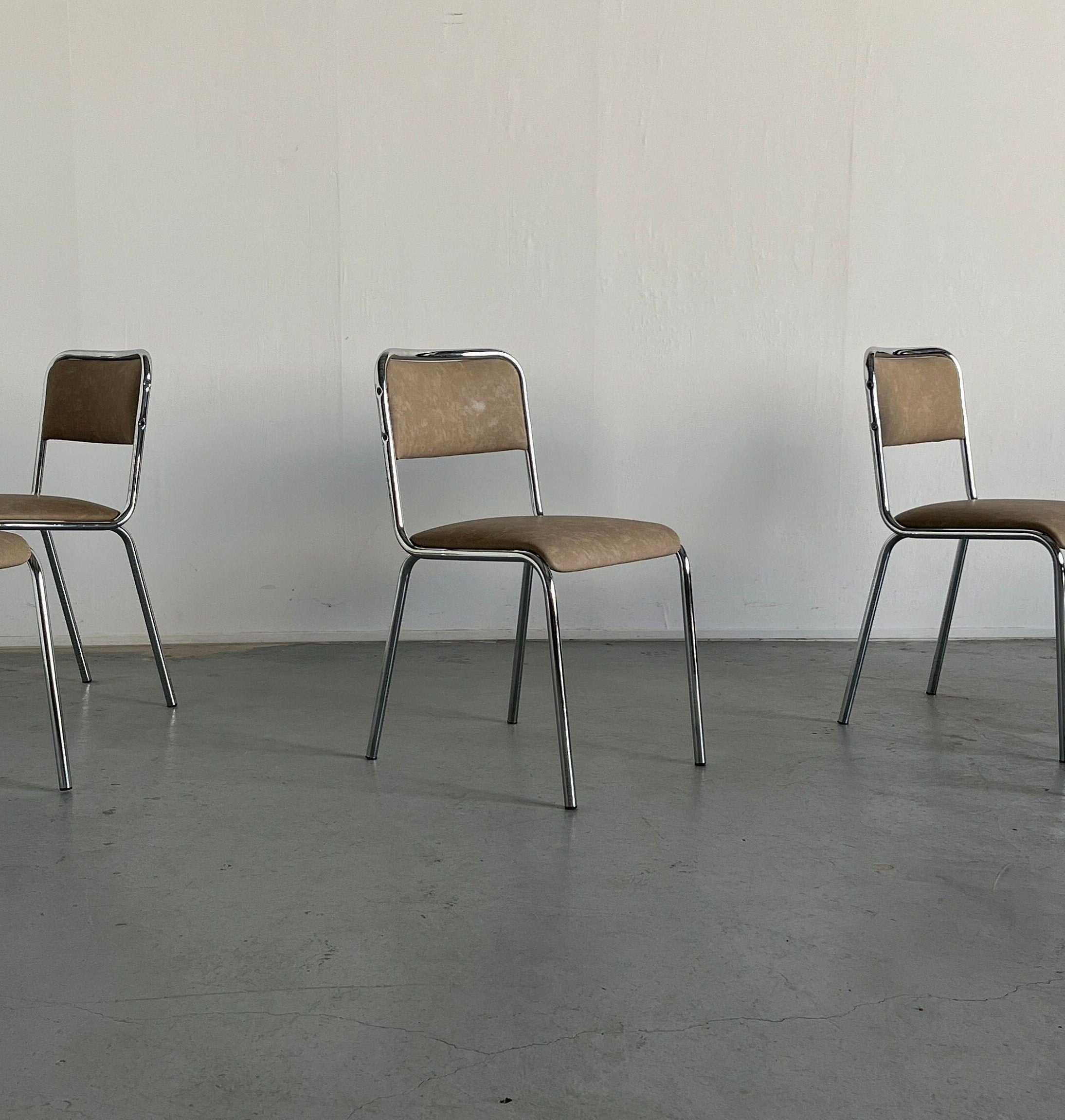 Italian Modernist Dining Chairs in Beige Faux Leather and Chrome, 1980s