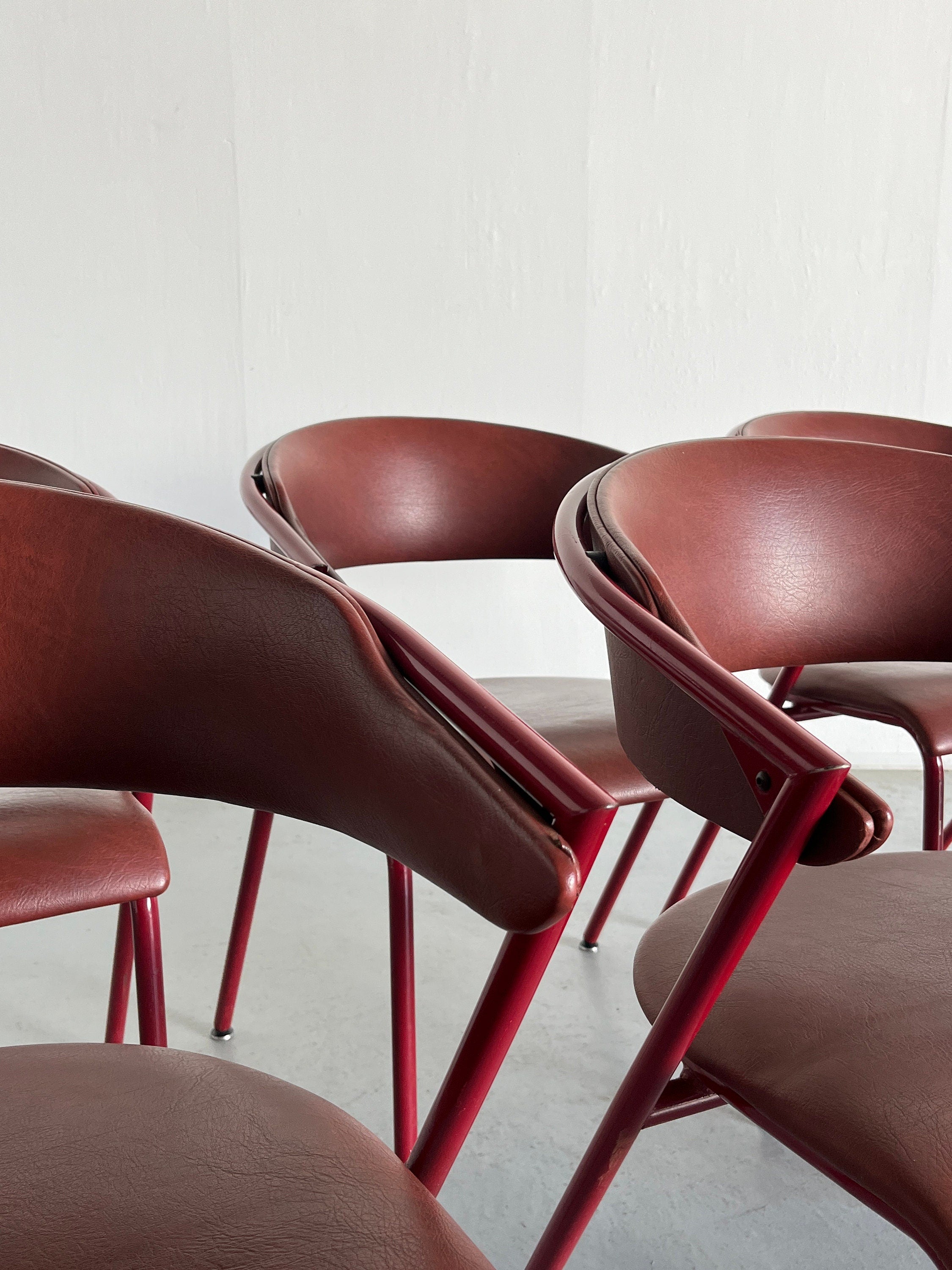 Postmodern Dining Chairs in Cherry Red Faux Leather and Curved Metal