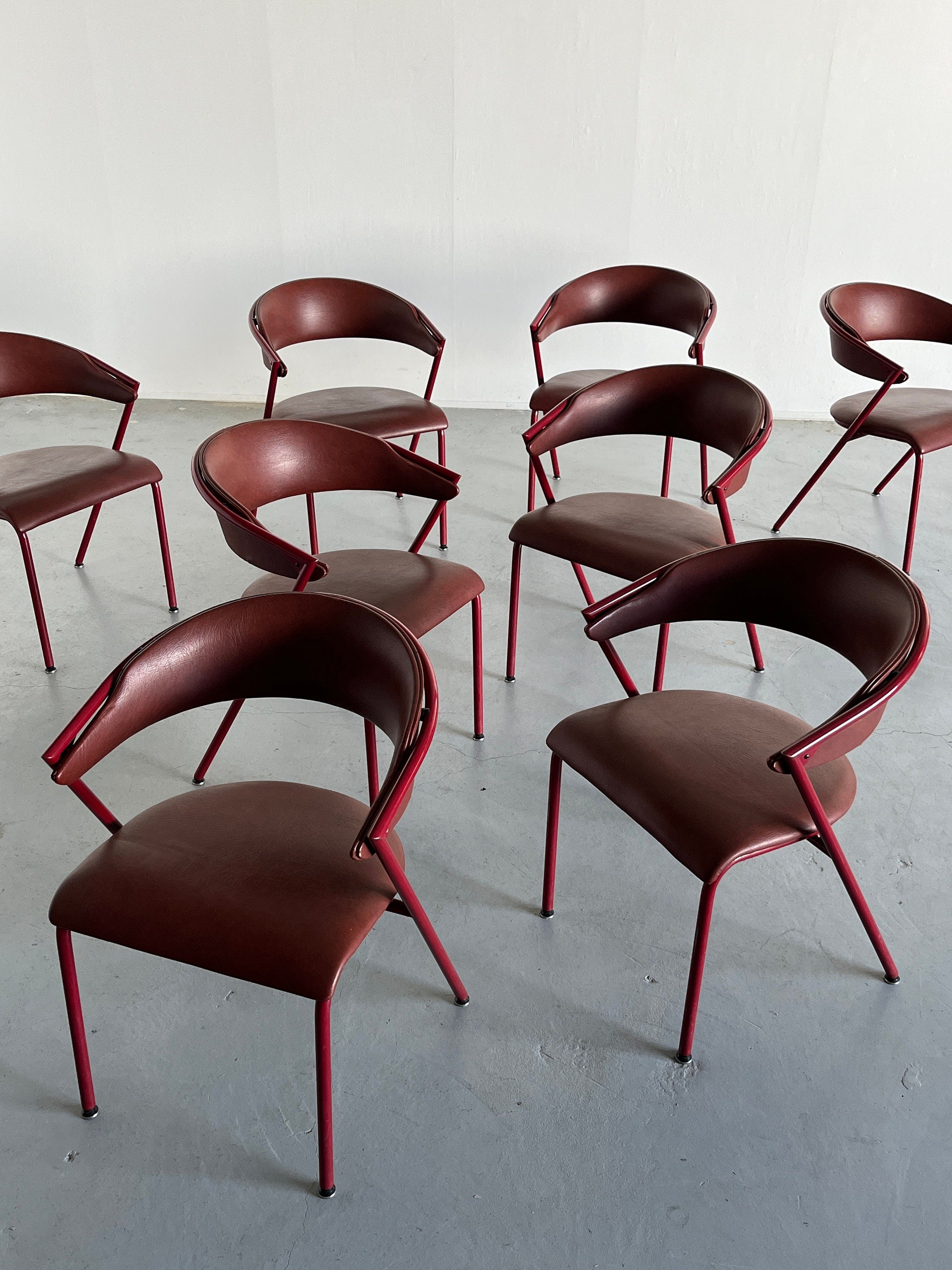 Postmodern Dining Chairs in Cherry Red Faux Leather and Curved Metal