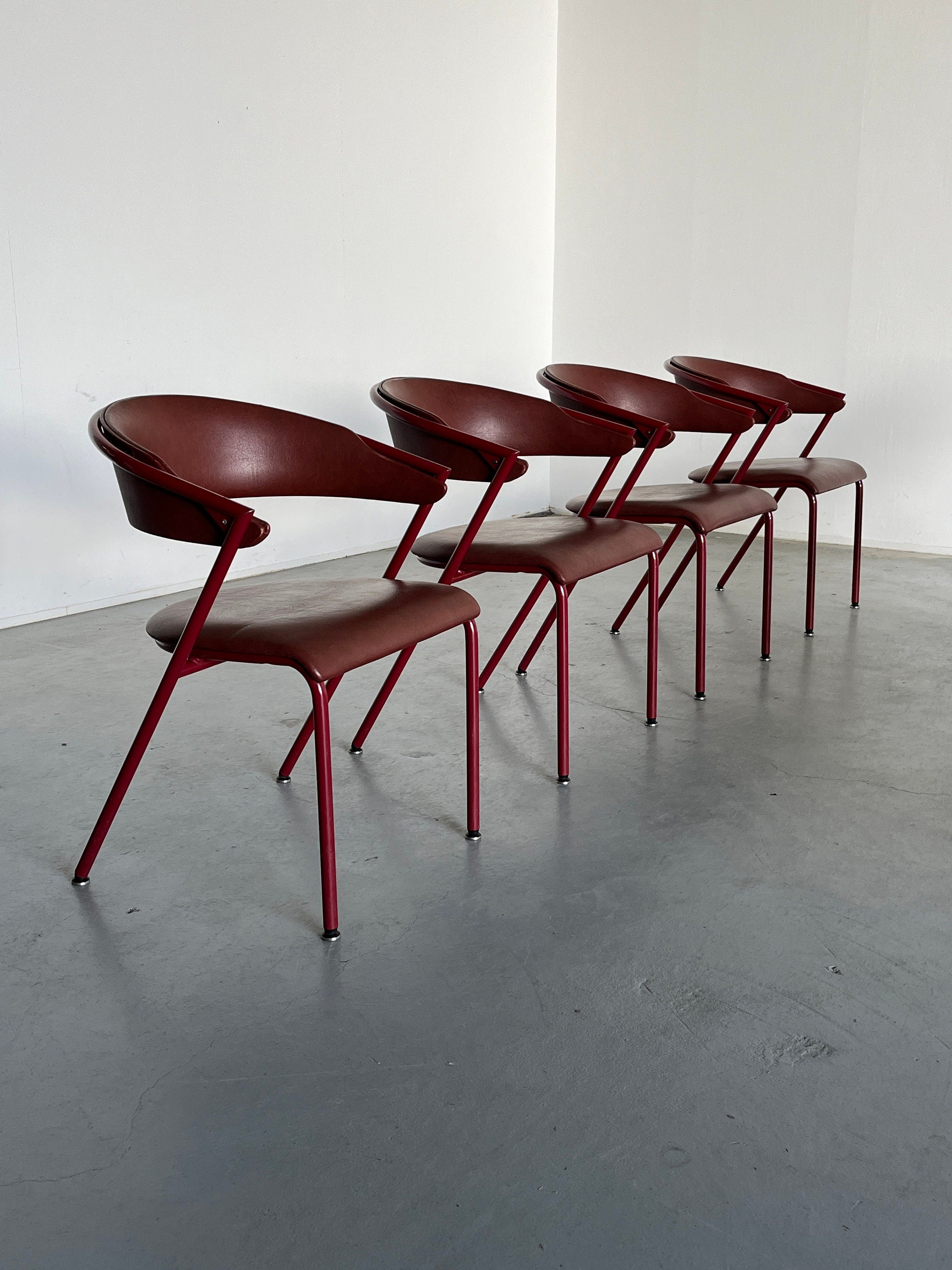 Postmodern Dining Chairs in Cherry Red Faux Leather and Curved Metal