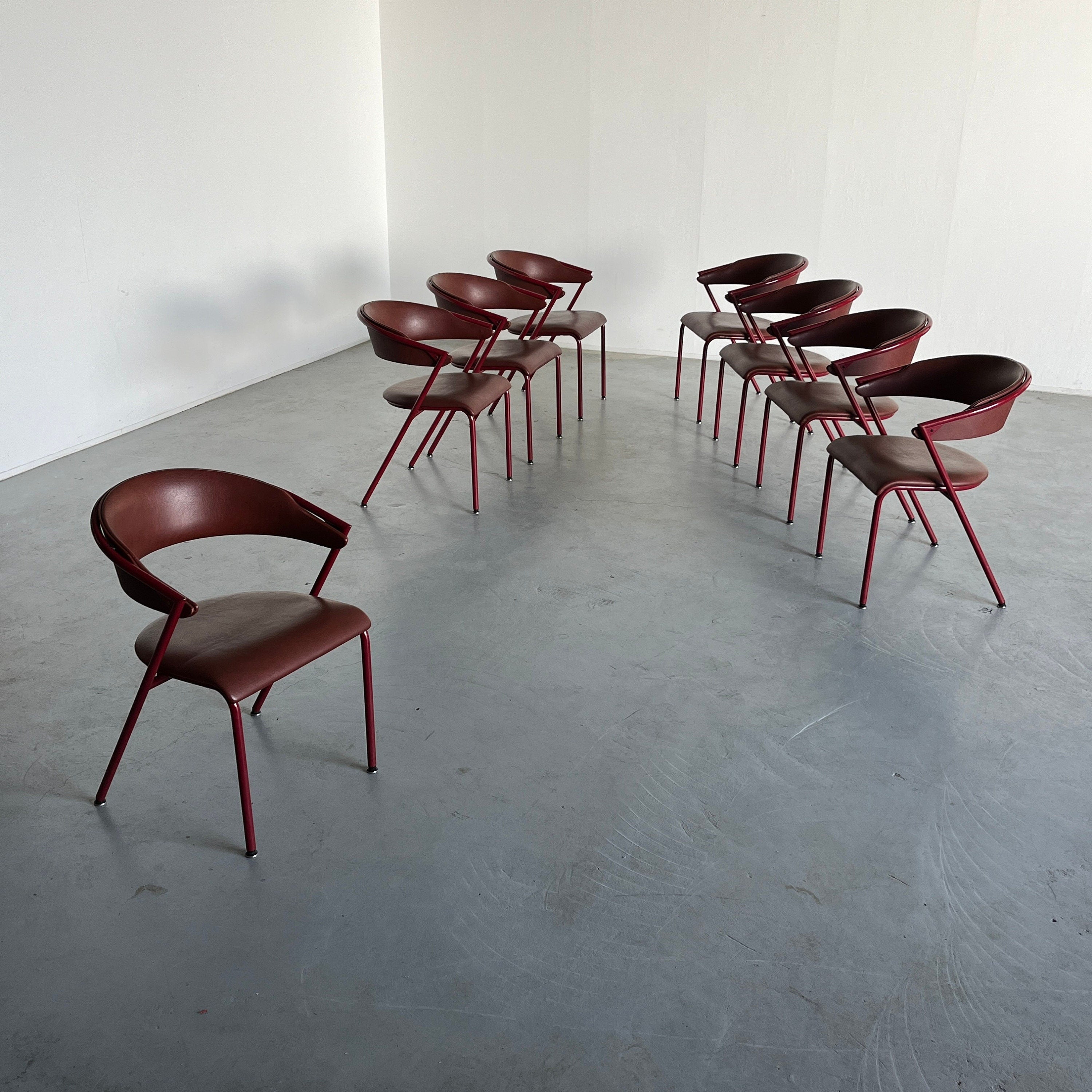 Postmodern Dining Chairs in Cherry Red Faux Leather and Curved Metal