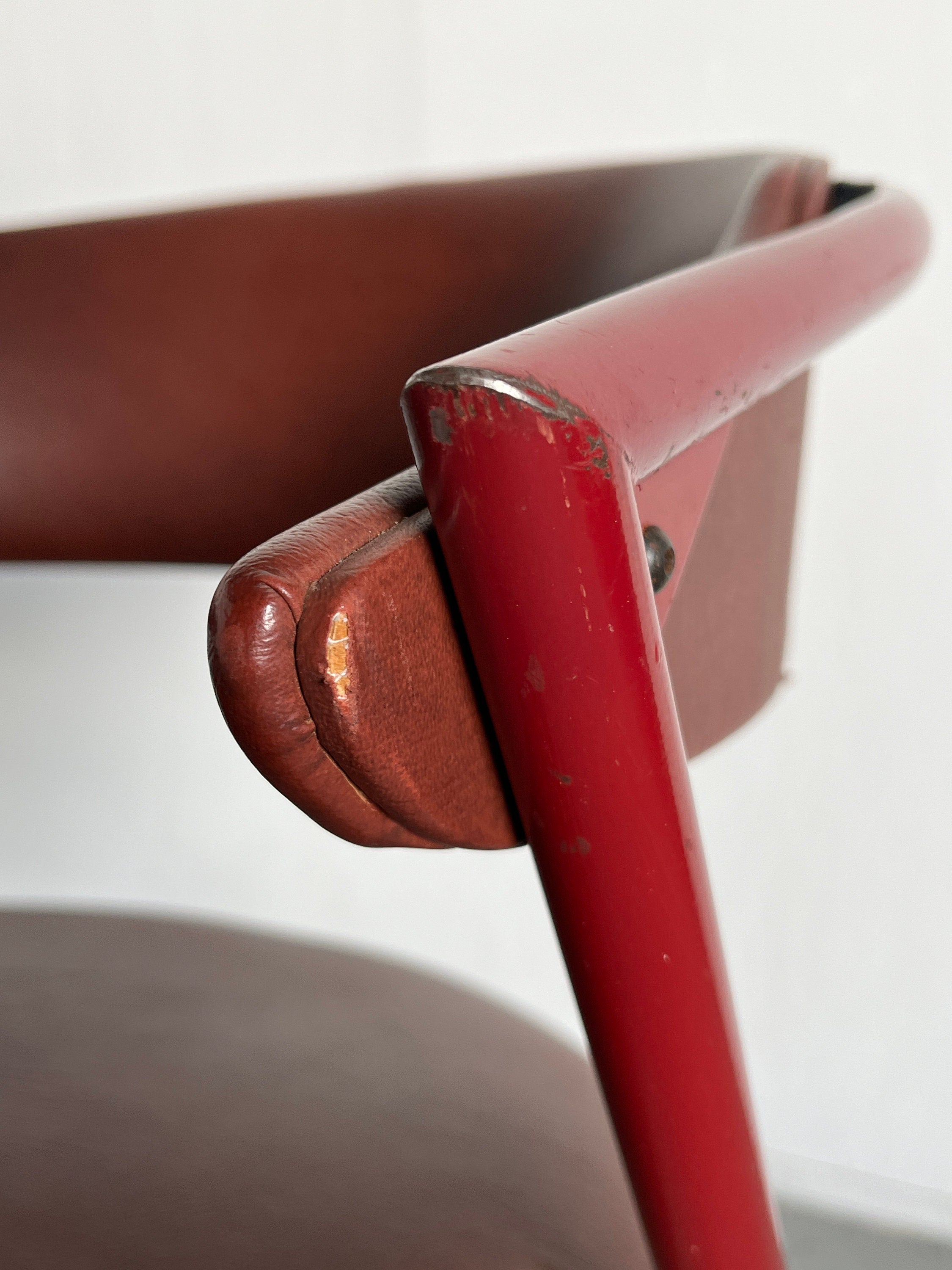 Postmodern Dining Chairs in Cherry Red Faux Leather and Curved Metal