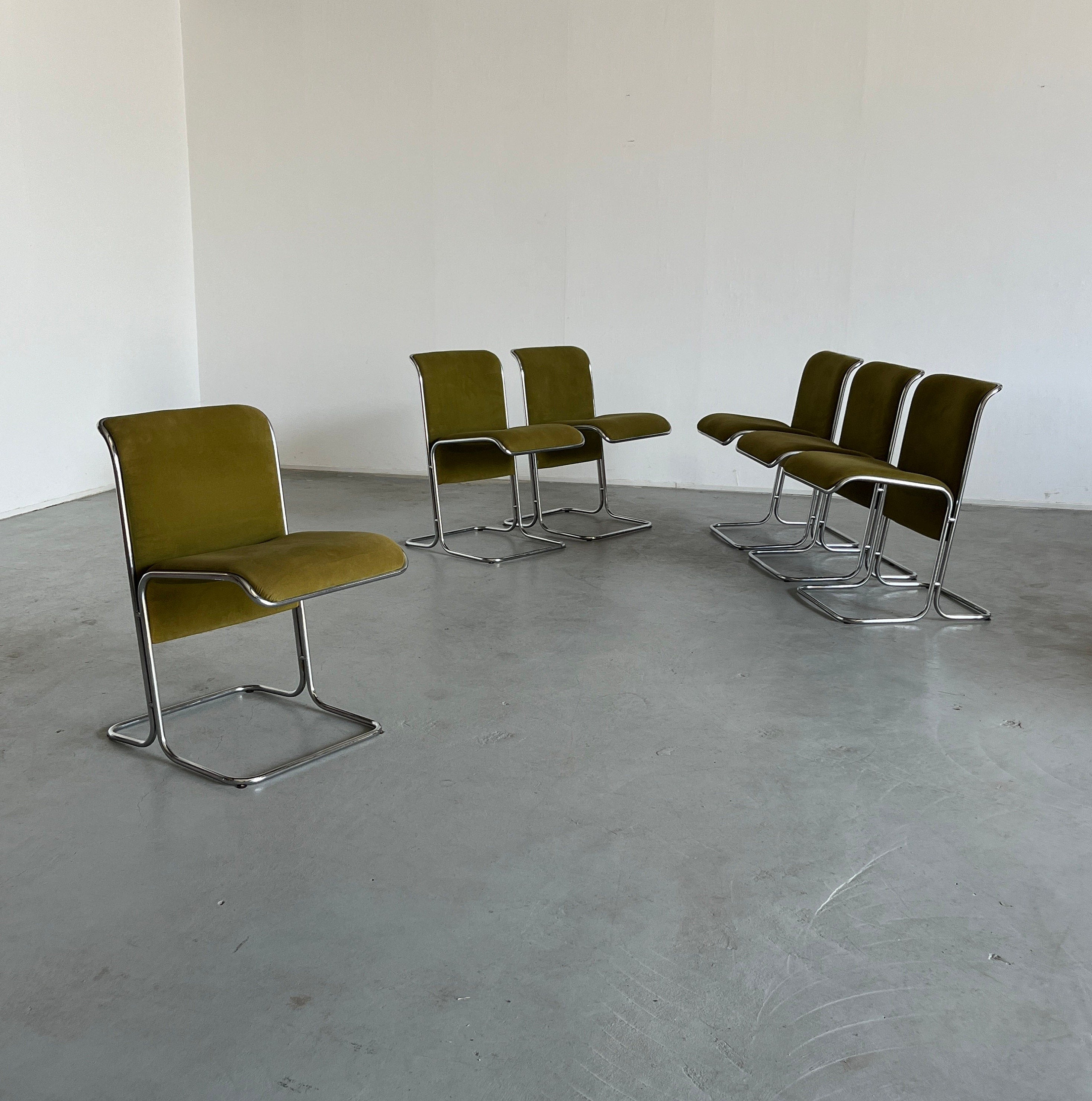 "Calla" Dining Chairs by Antonio Ari Colombo for Arflex, Olive Green Velvet, 1970s