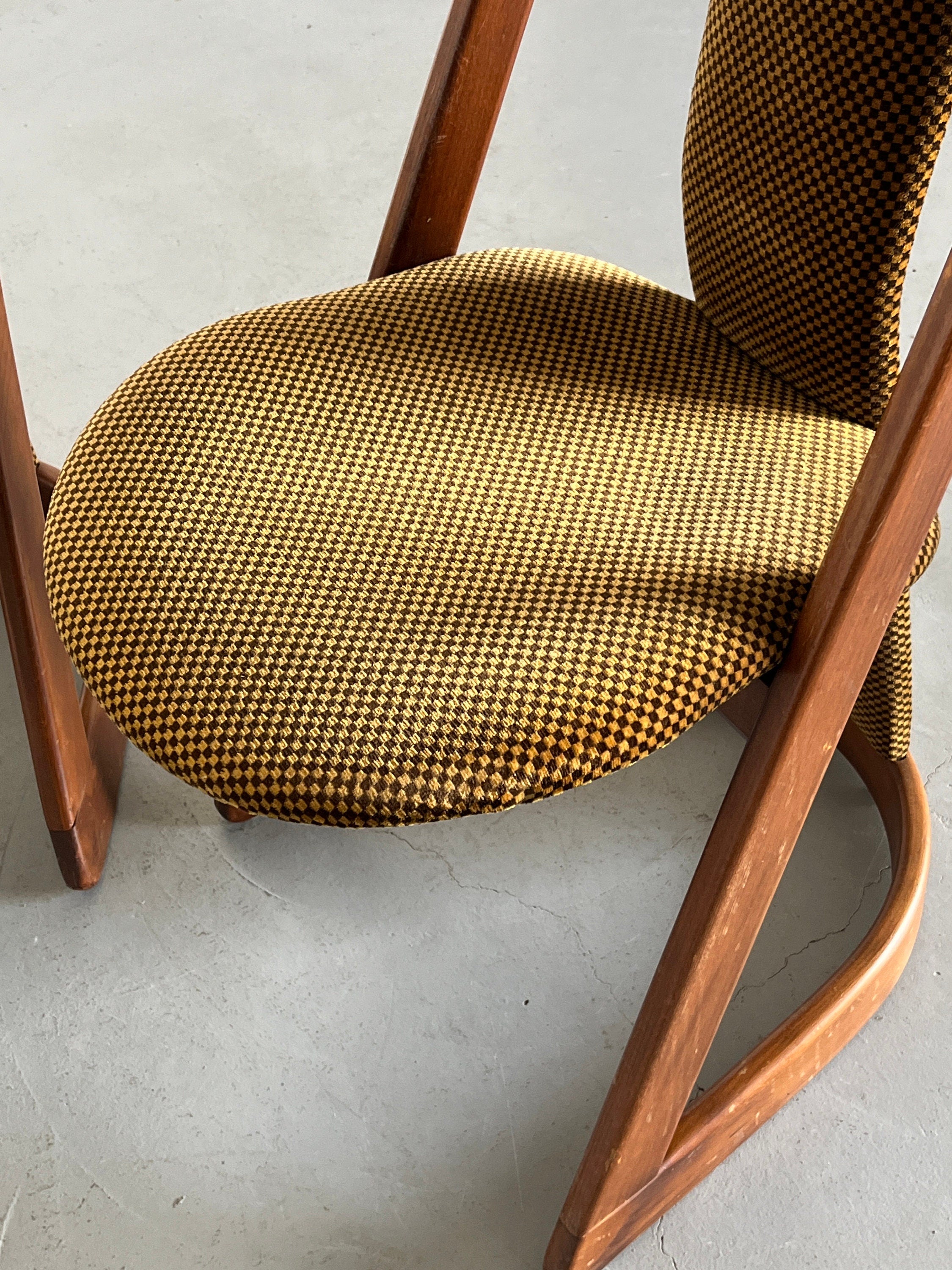 Dining Chairs with Checkered Upholstery and Curved Wooden Frame, Germany 1970s