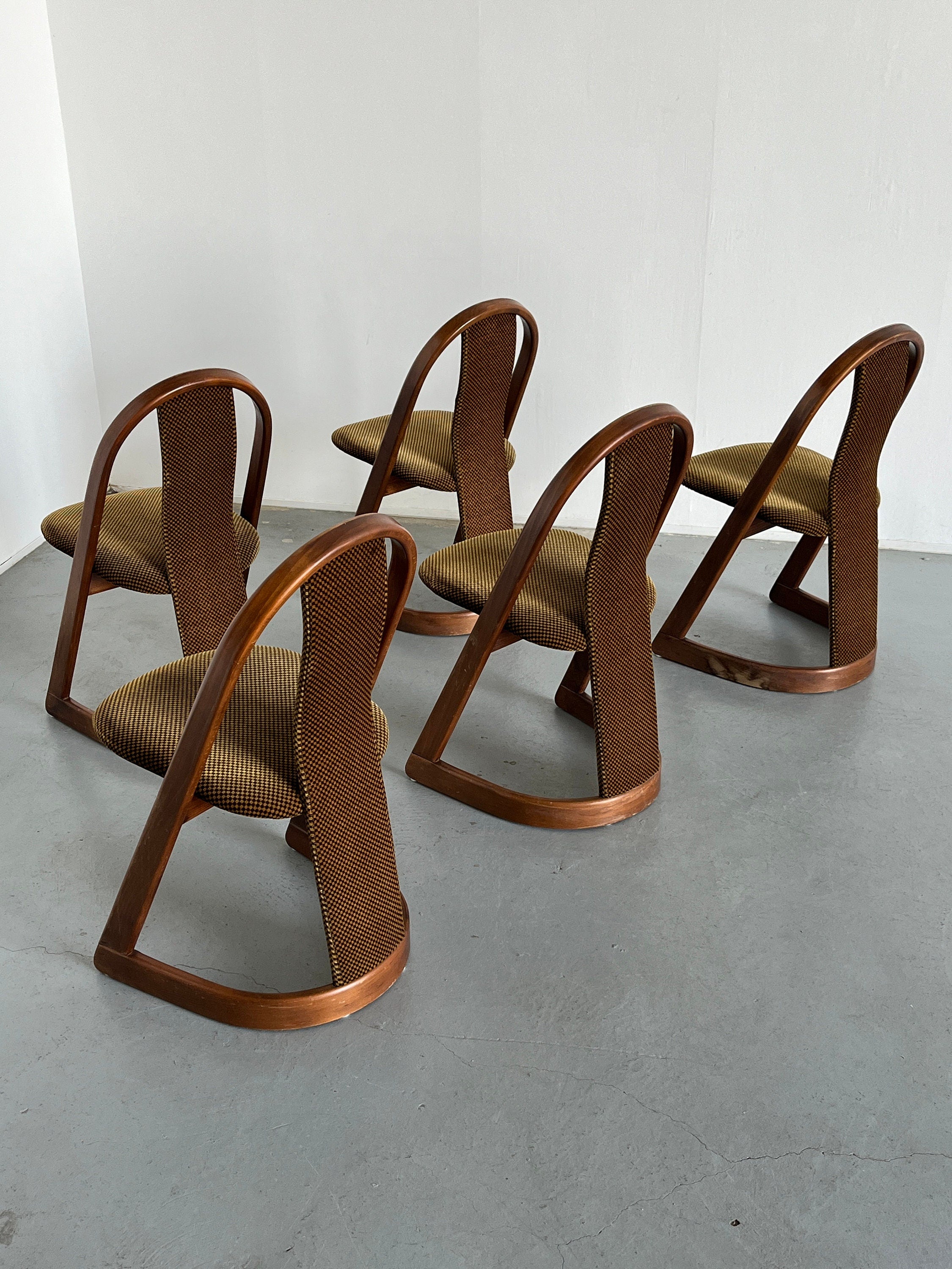 Dining Chairs with Checkered Upholstery and Curved Wooden Frame, Germany 1970s