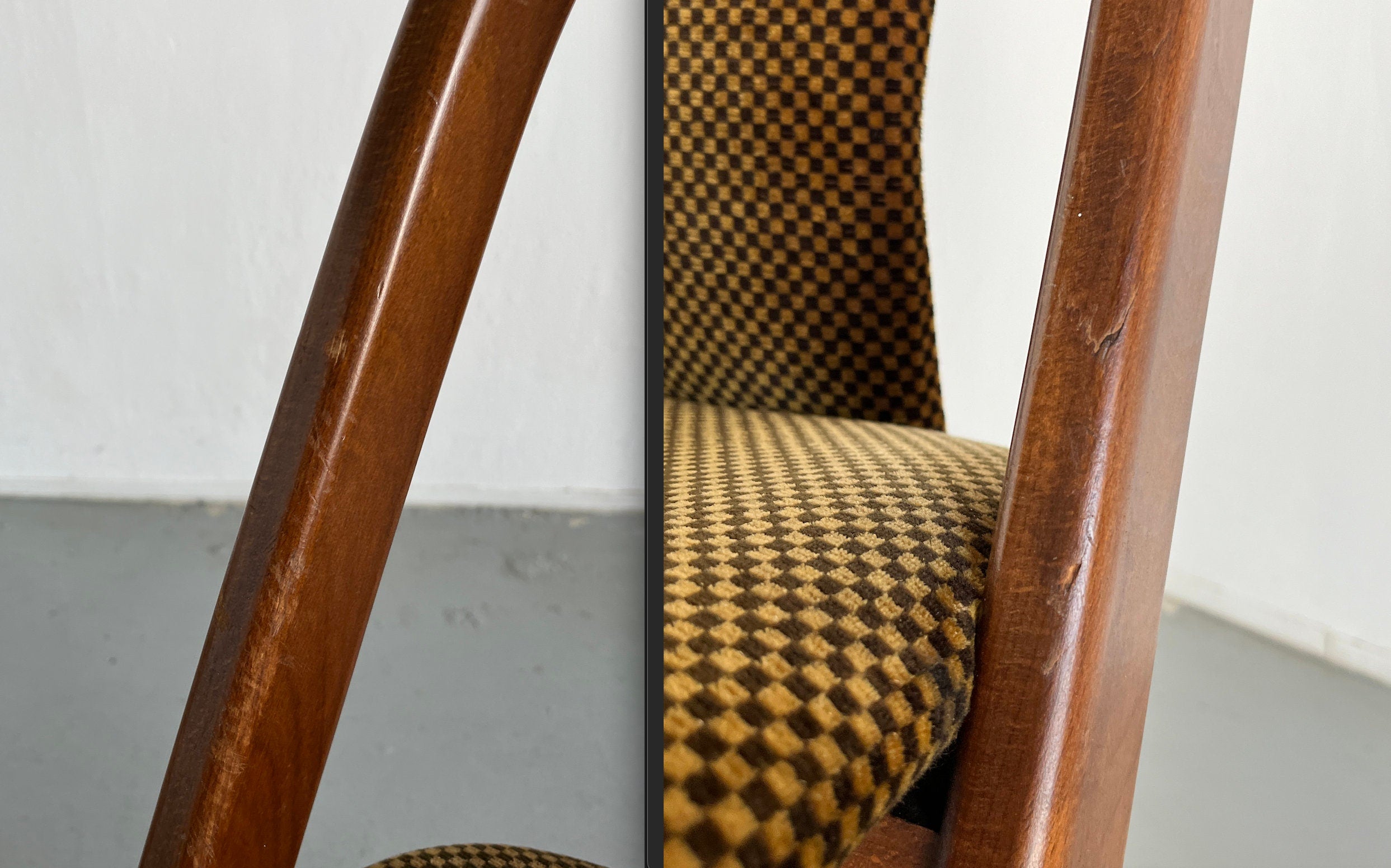 Dining Chairs with Checkered Upholstery and Curved Wooden Frame, Germany 1970s