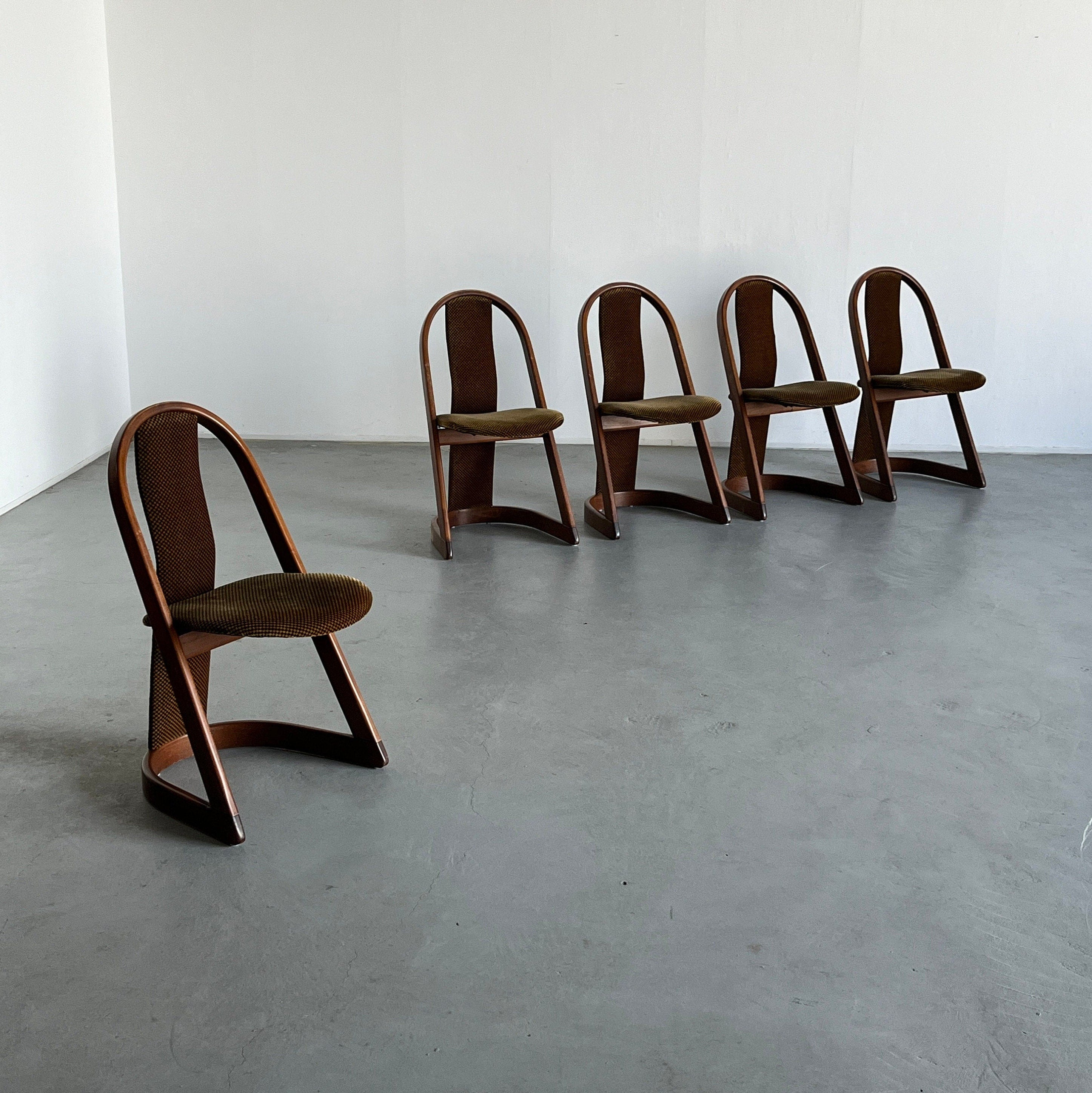 Dining Chairs with Checkered Upholstery and Curved Wooden Frame, Germany 1970s