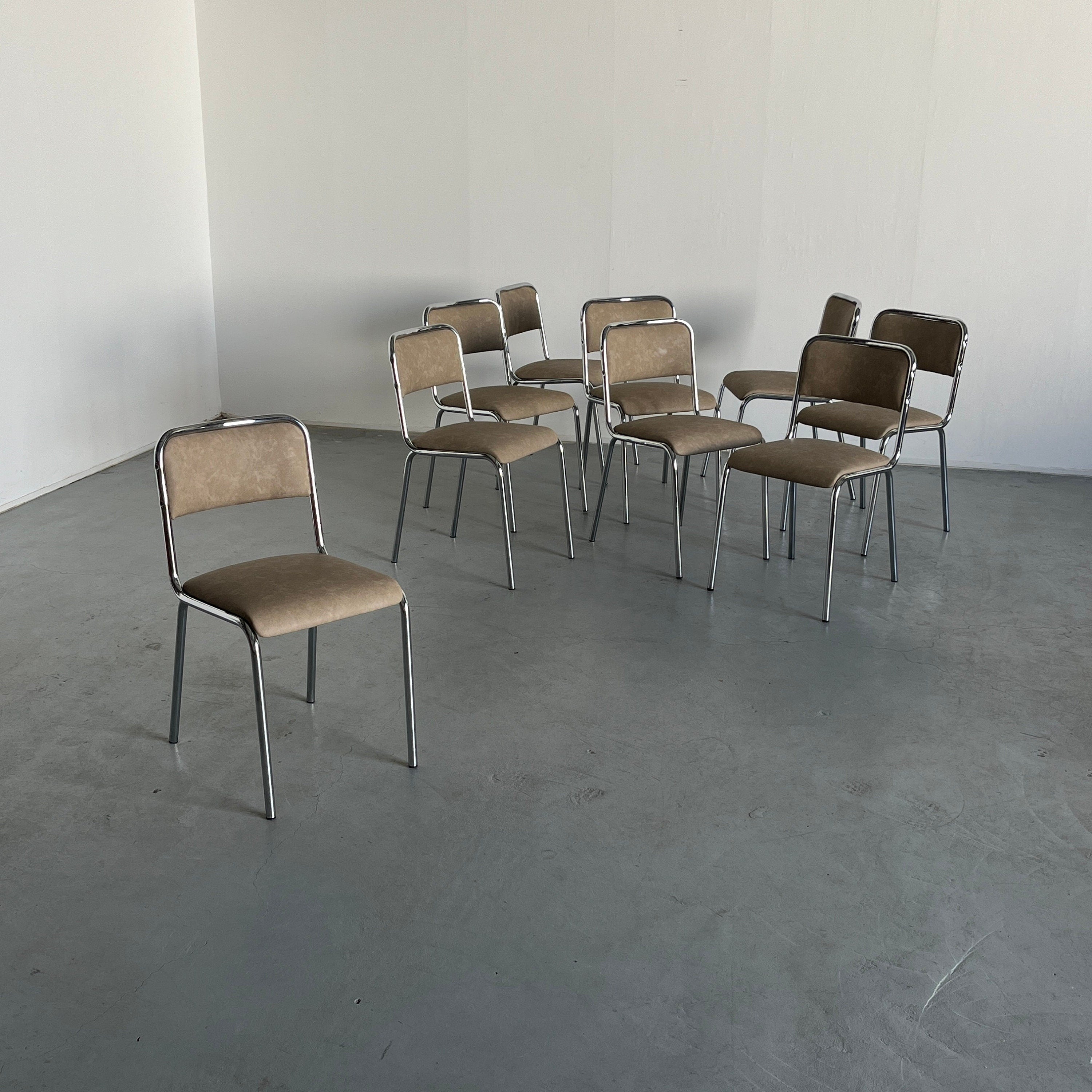 Italian Modernist Dining Chairs in Beige Faux Leather and Chrome, 1980s