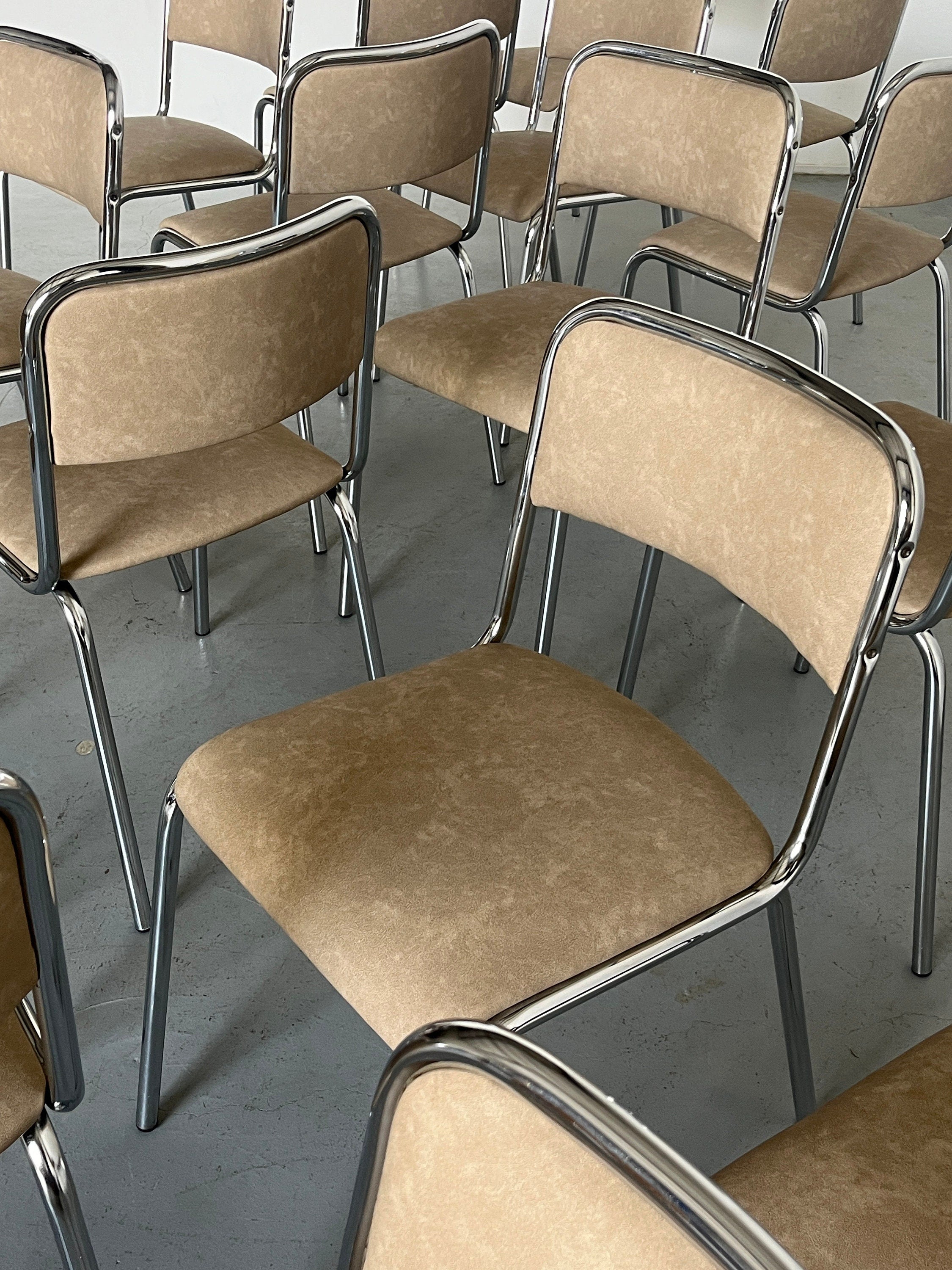 Italian Modernist Dining Chairs in Beige Faux Leather and Chrome, 1980s