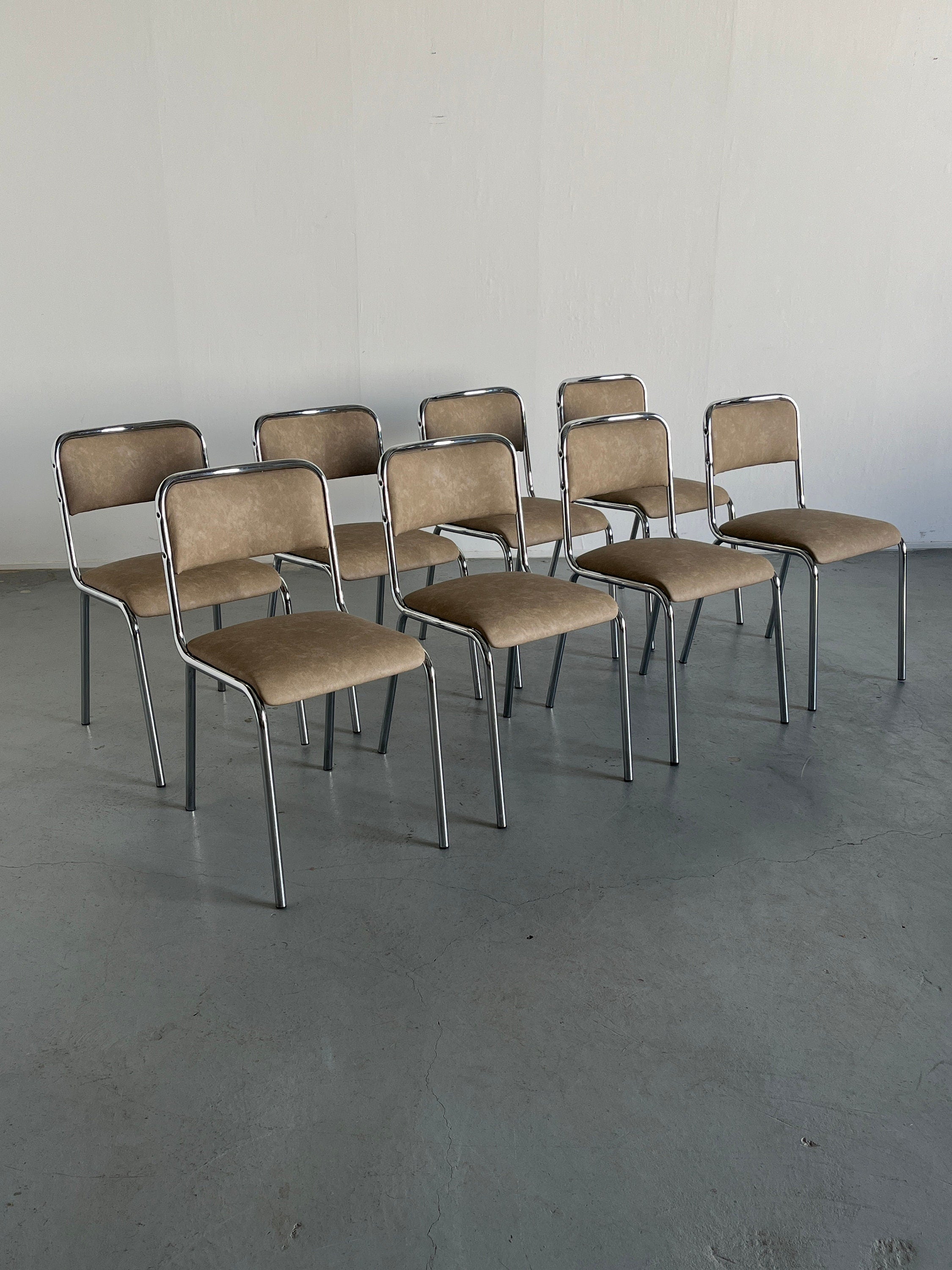 Italian Modernist Dining Chairs in Beige Faux Leather and Chrome, 1980s