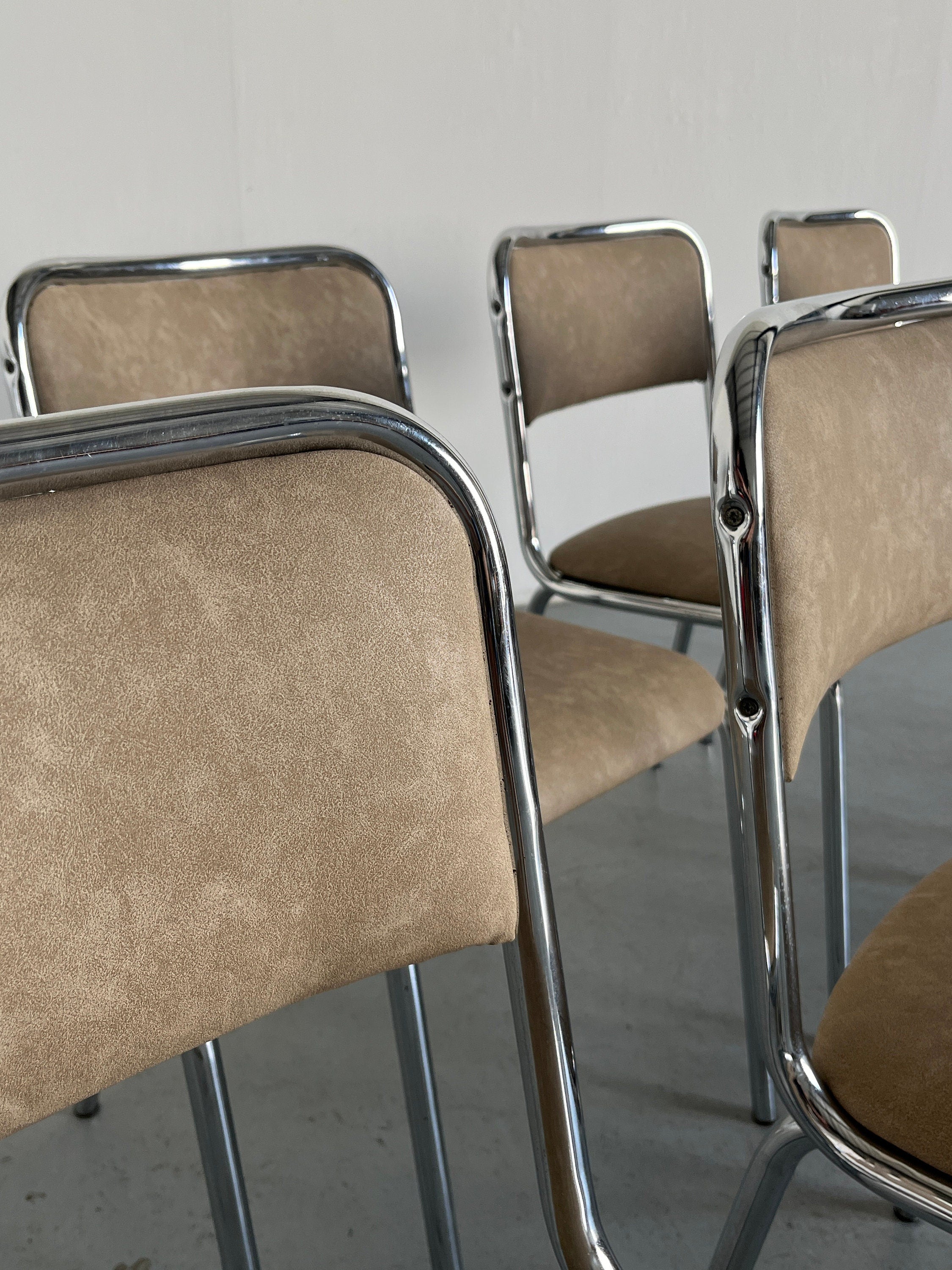 Italian Modernist Dining Chairs in Beige Faux Leather and Chrome, 1980s