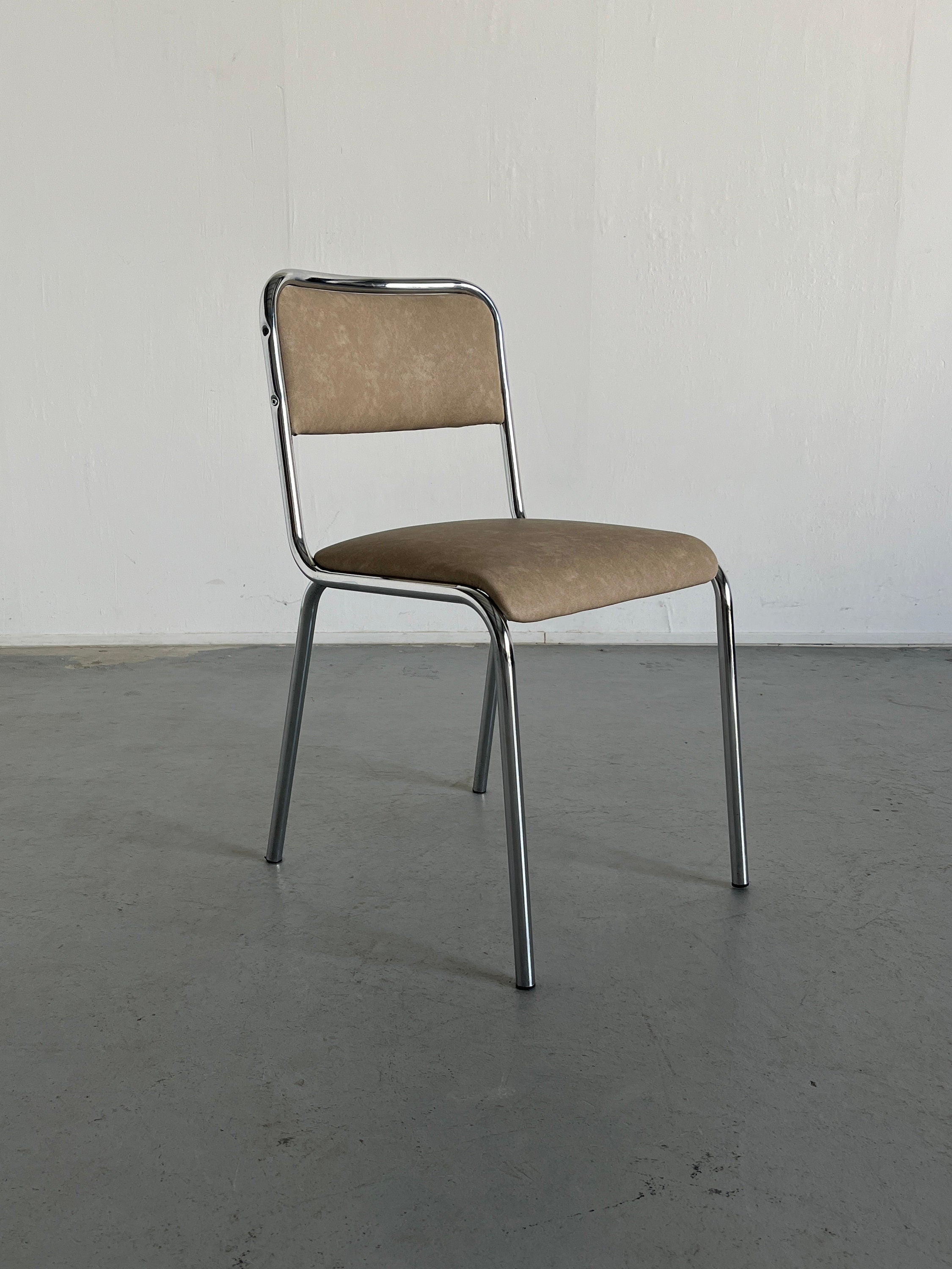 Italian Modernist Dining Chairs in Beige Faux Leather and Chrome, 1980s