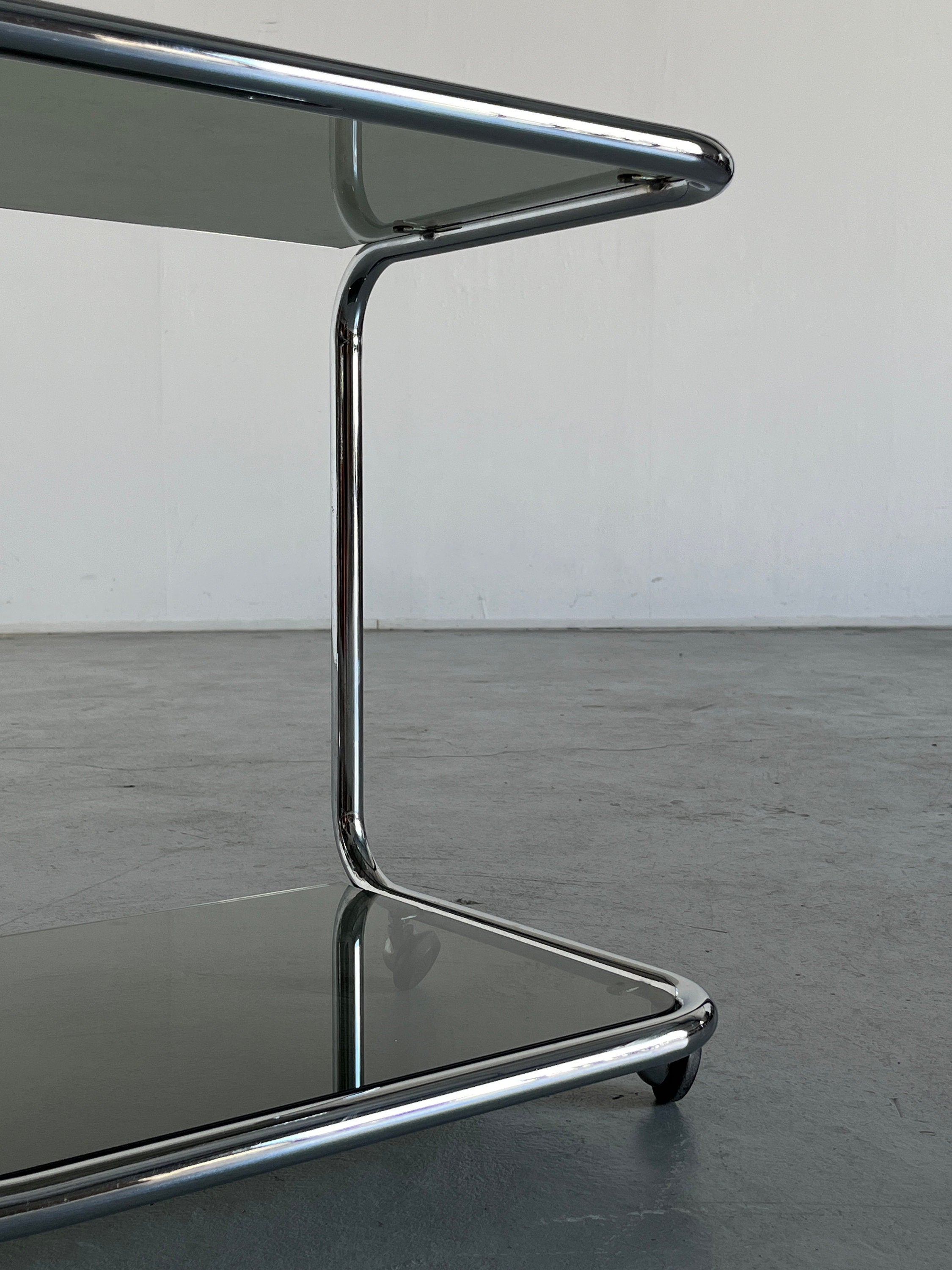 Glass Serving Trolley or Bar Cart Table, Chromed Tubular Steel