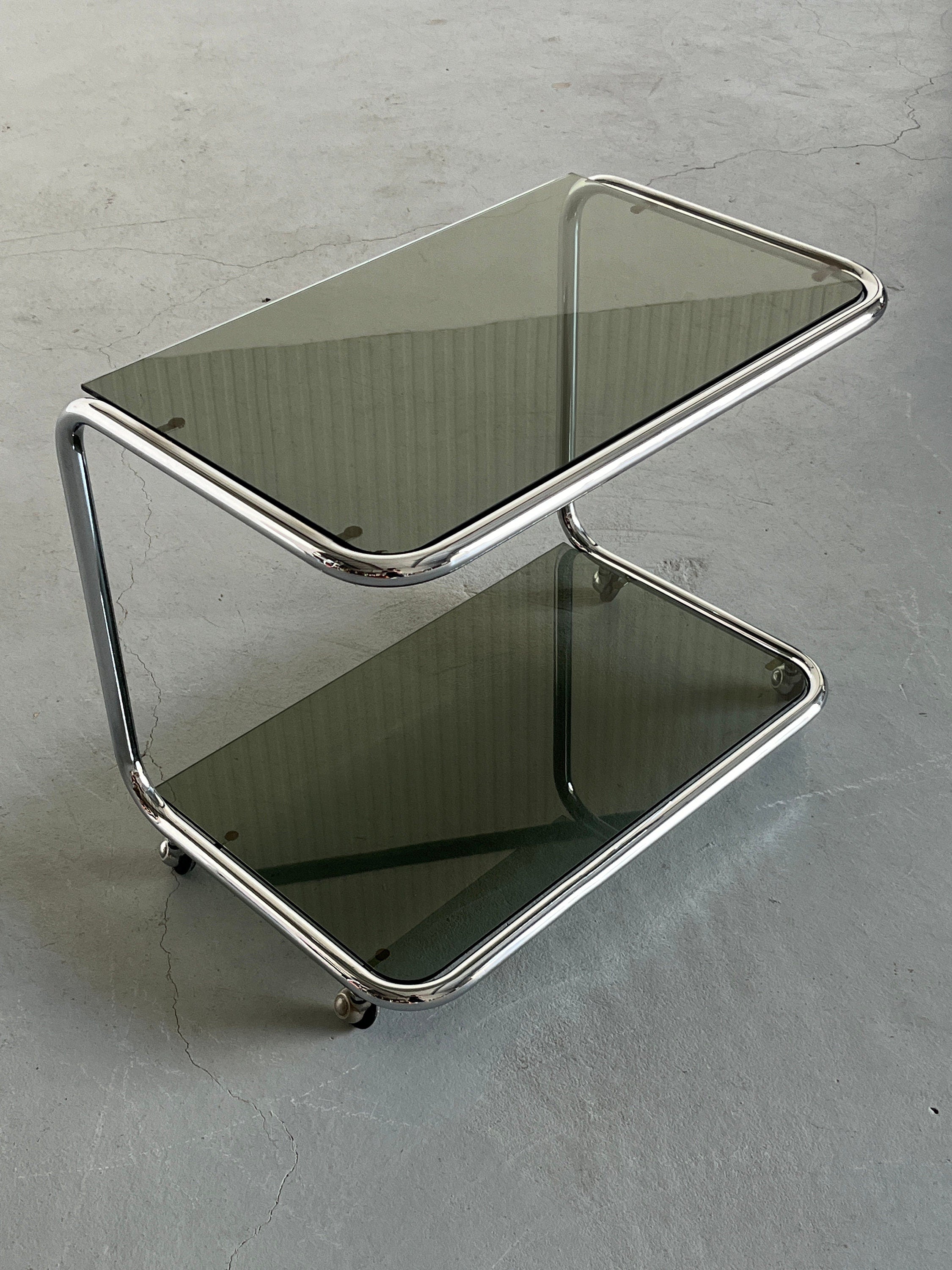 Glass Serving Trolley or Bar Cart Table, Chromed Tubular Steel